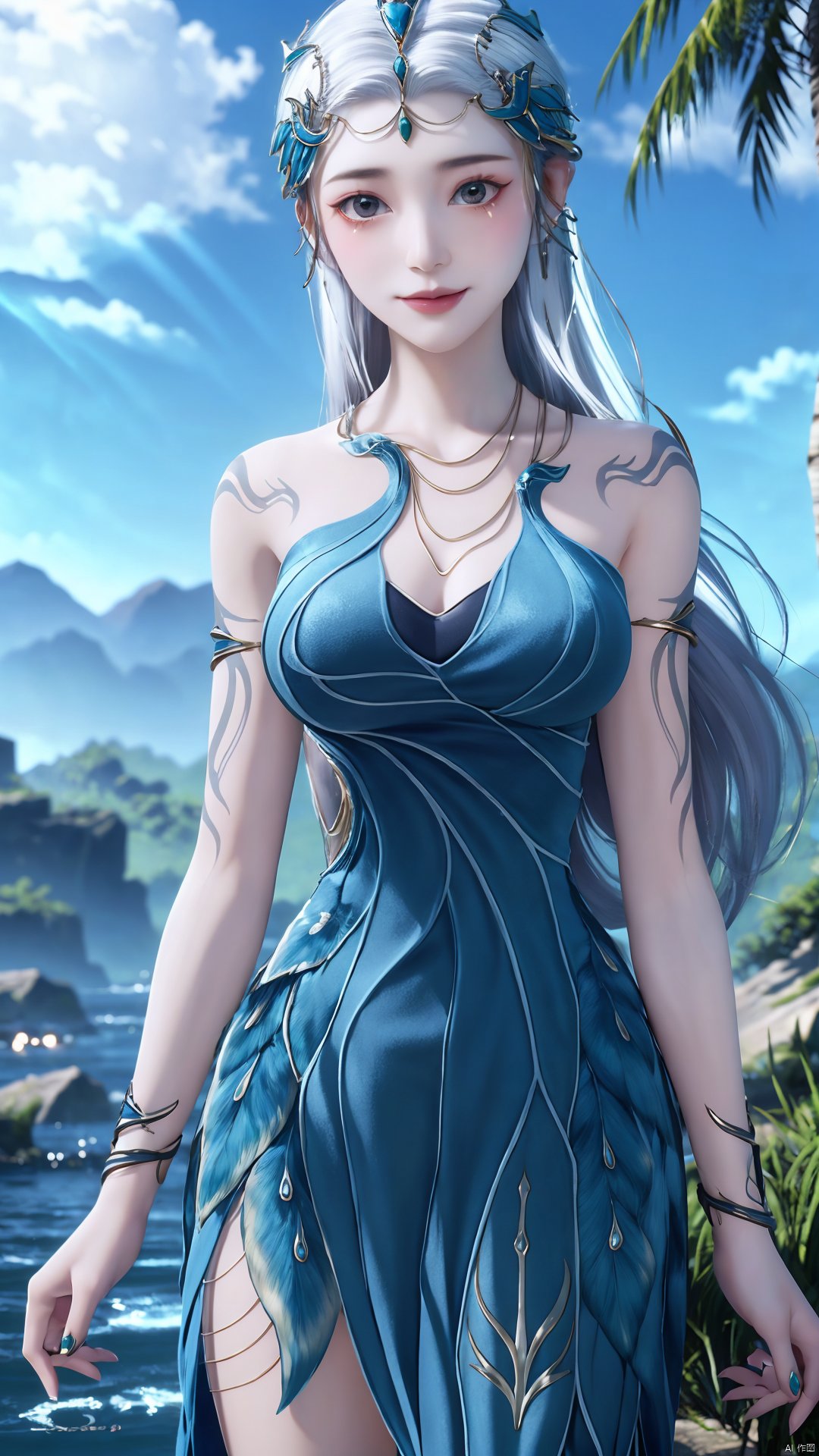 1girl, jewelry, long hair, bracelet, strapless dress, necklace, tattoo, gem, bare shoulders, white hair, aqua dress, mischevious smile, perfect body, scenery, sharp focus, best quality, masterpiece, detailed outfit, illustration, perfect eyes, finely detailed beautiful anime eyes, realistic skin, intricate details, best lighting, depth of field, ultra high resolution,cowboy_shot, dynamic pose, dynamic angle,