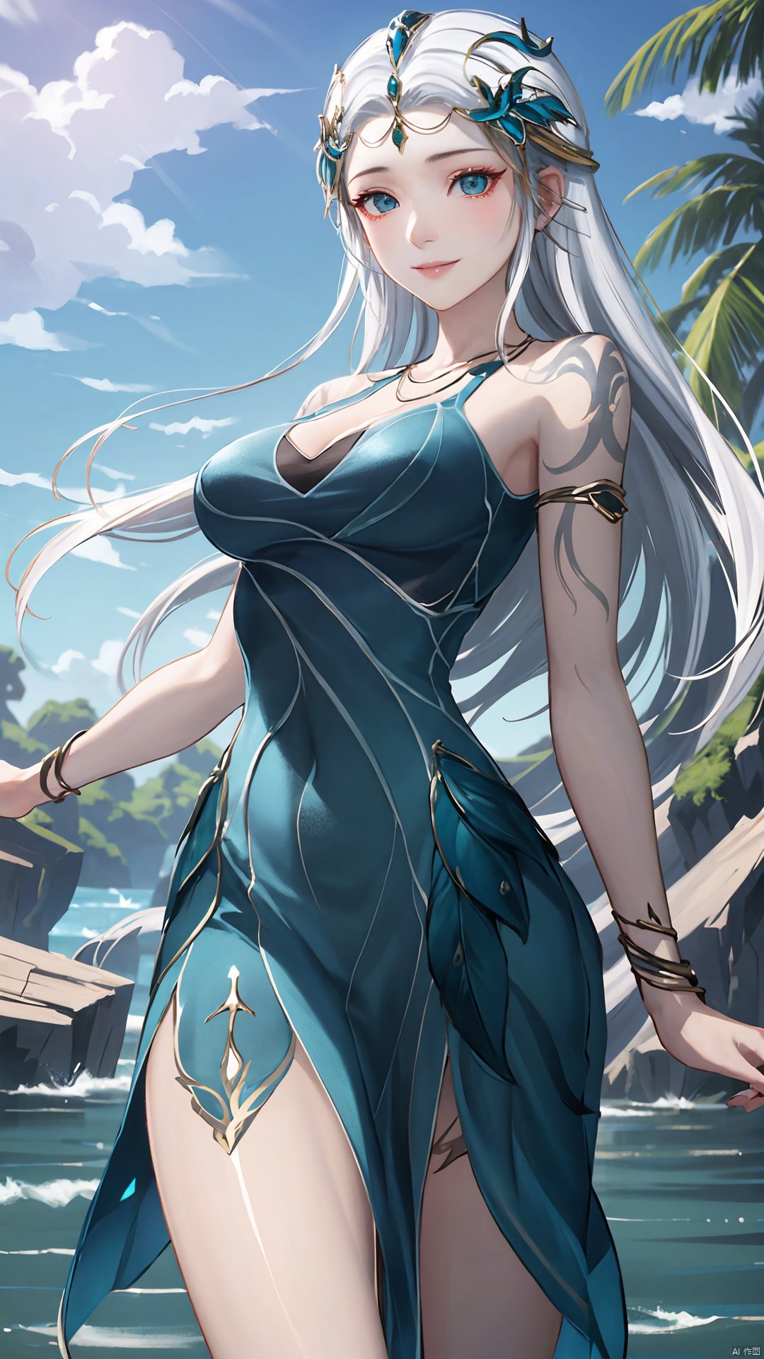 1girl, jewelry, long hair, bracelet, strapless dress, necklace, tattoo, gem, bare shoulders, white hair, aqua dress, mischevious smile, perfect body, scenery, sharp focus, best quality, masterpiece, detailed outfit, illustration, perfect eyes, finely detailed beautiful anime eyes, realistic skin, intricate details, best lighting, depth of field, ultra high resolution,cowboy_shot, dynamic pose, dynamic angle,