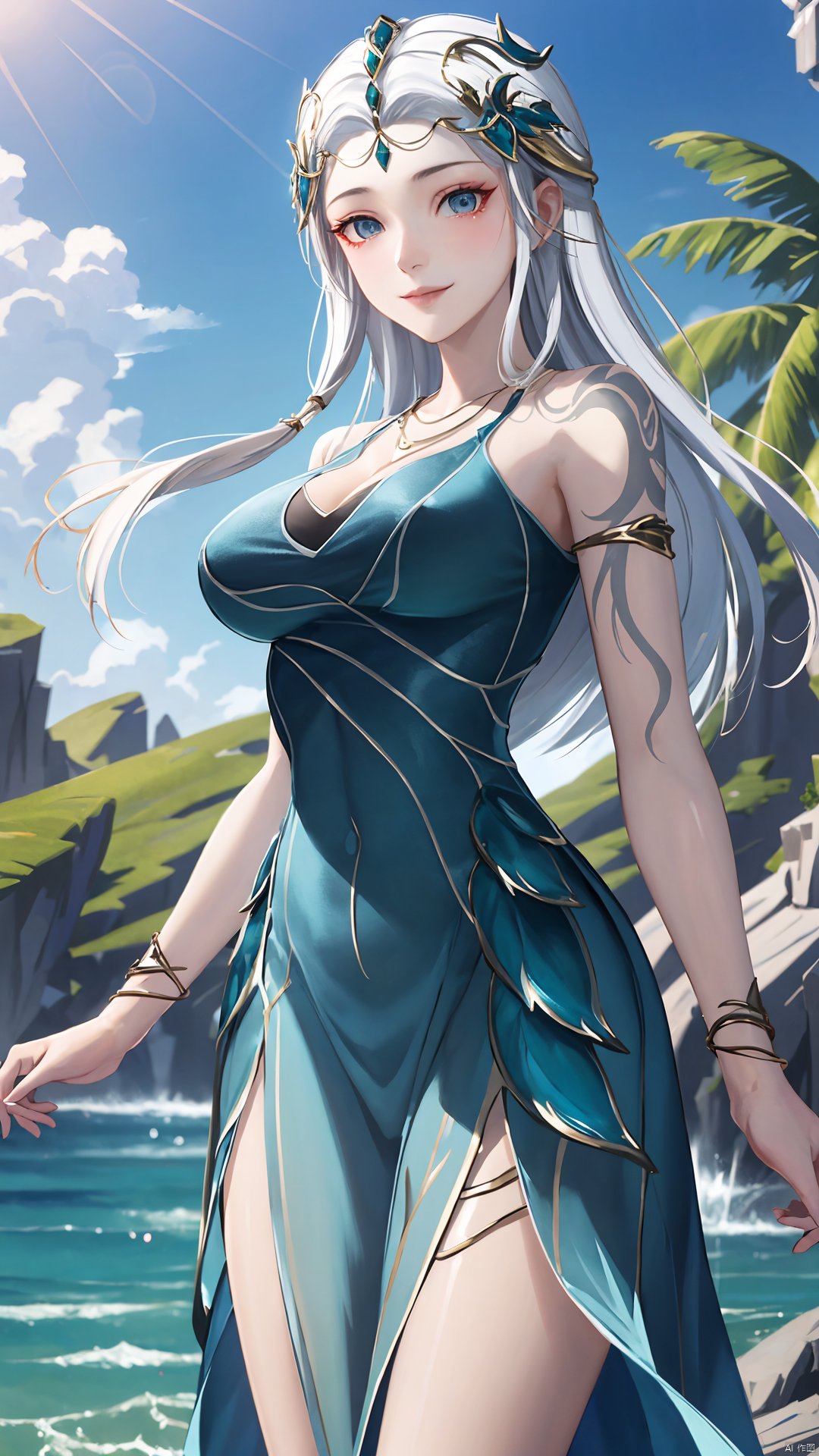 1girl, jewelry, long hair, bracelet, strapless dress, necklace, tattoo, gem, bare shoulders, white hair, aqua dress, mischevious smile, perfect body, scenery, sharp focus, best quality, masterpiece, detailed outfit, illustration, perfect eyes, finely detailed beautiful anime eyes, realistic skin, intricate details, best lighting, depth of field, ultra high resolution,cowboy_shot, dynamic pose, dynamic angle,