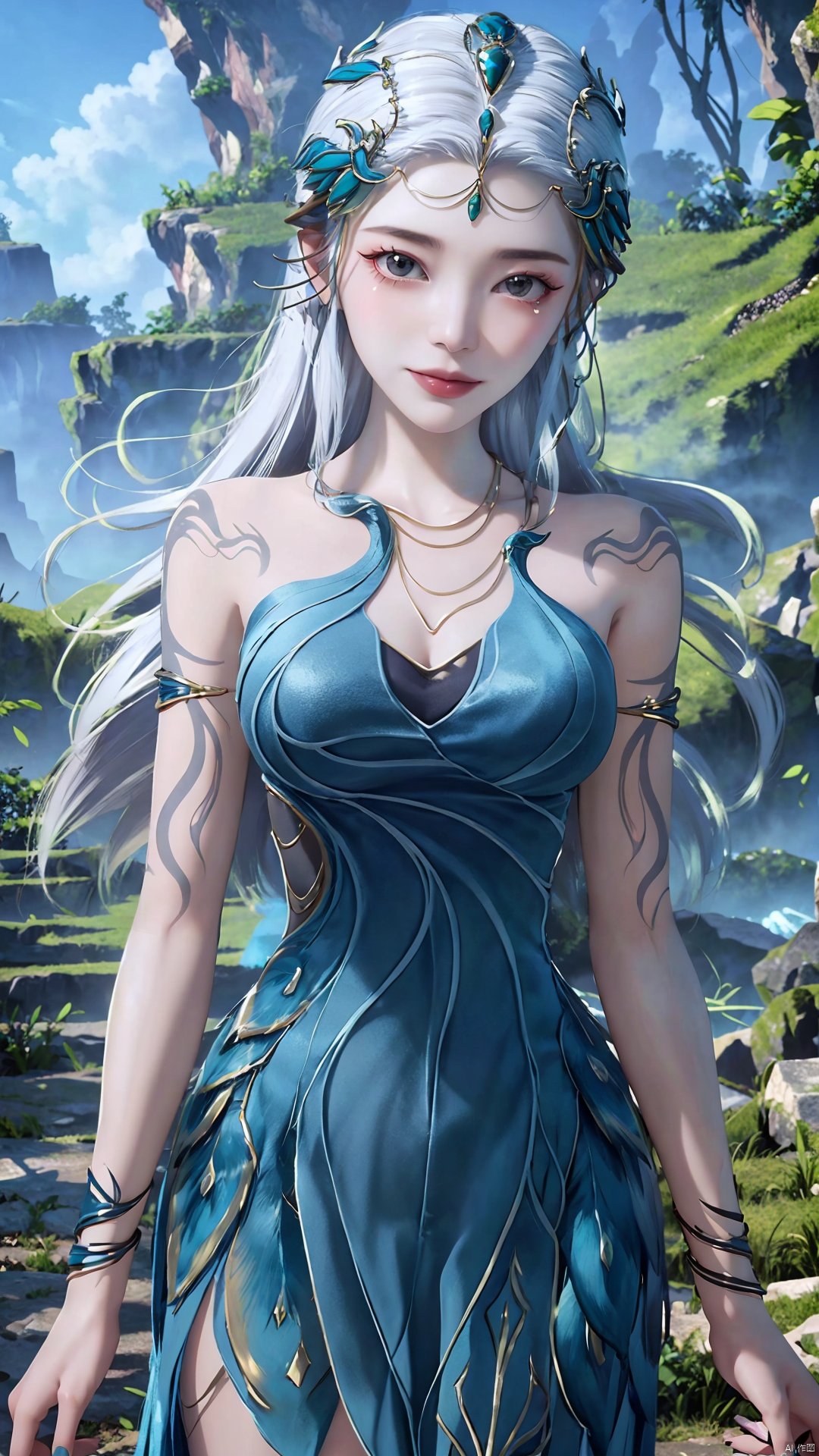 1girl, jewelry, long hair, bracelet, strapless dress, necklace, tattoo, gem, bare shoulders, white hair, aqua dress, mischevious smile, perfect body, scenery, sharp focus, best quality, masterpiece, detailed outfit, illustration, perfect eyes, finely detailed beautiful anime eyes, realistic skin, intricate details, best lighting, depth of field, ultra high resolution,cowboy_shot, dynamic pose, dynamic angle,