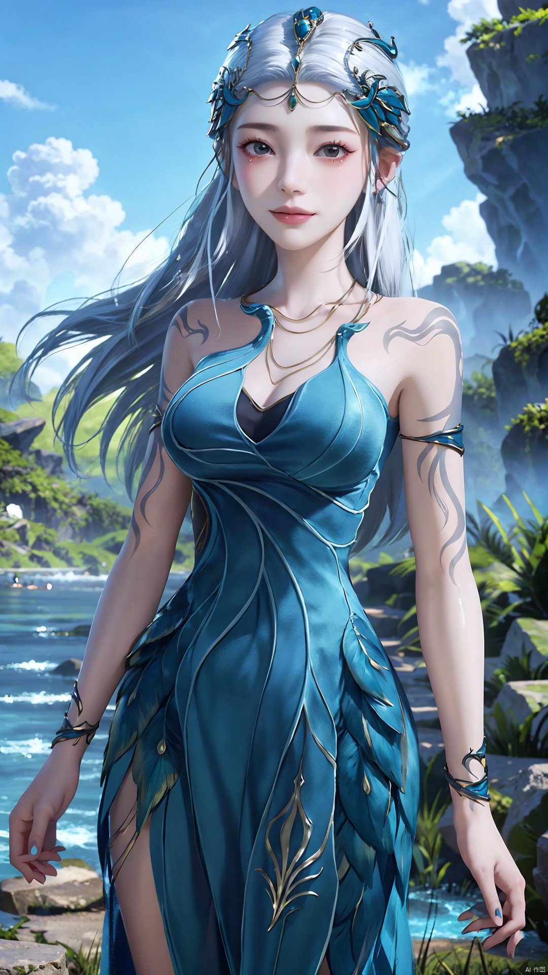 1girl, jewelry, long hair, bracelet, strapless dress, necklace, tattoo, gem, bare shoulders, white hair, aqua dress, mischevious smile, perfect body, scenery, sharp focus, best quality, masterpiece, detailed outfit, illustration, perfect eyes, finely detailed beautiful anime eyes, realistic skin, intricate details, best lighting, depth of field, ultra high resolution,cowboy_shot, dynamic pose, dynamic angle,