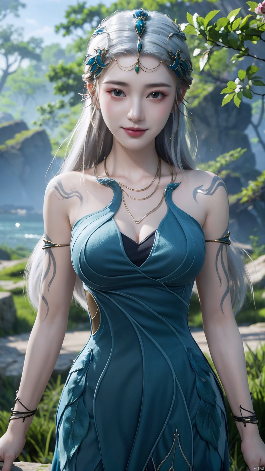 1girl, jewelry, long hair, bracelet, strapless dress, necklace, tattoo, gem, bare shoulders, white hair, aqua dress, mischevious smile, perfect body, scenery, sharp focus, best quality, masterpiece, detailed outfit, illustration, perfect eyes, finely detailed beautiful anime eyes, realistic skin, intricate details, best lighting, depth of field, ultra high resolution,cowboy_shot, dynamic pose, dynamic angle,