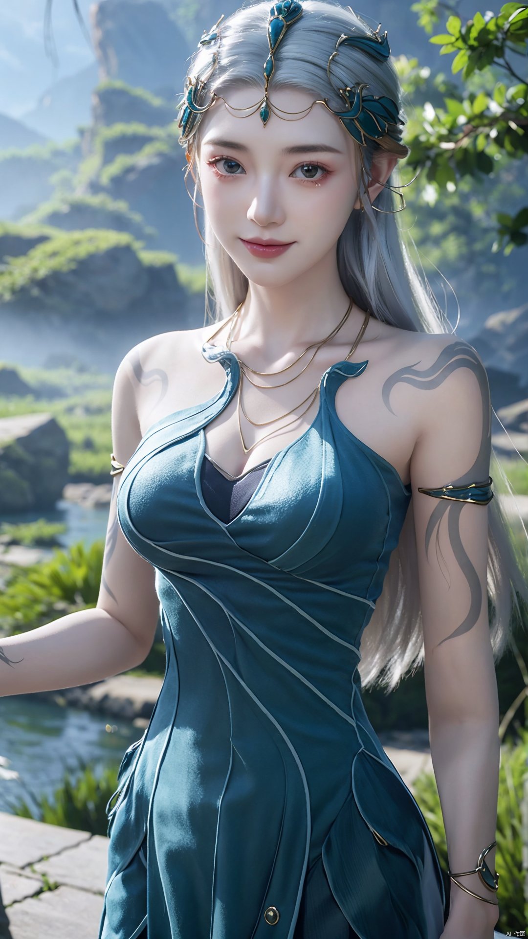 1girl, jewelry, long hair, bracelet, strapless dress, necklace, tattoo, gem, bare shoulders, white hair, aqua dress, mischevious smile, perfect body, scenery, sharp focus, best quality, masterpiece, detailed outfit, illustration, perfect eyes, finely detailed beautiful anime eyes, realistic skin, intricate details, best lighting, depth of field, ultra high resolution,cowboy_shot, dynamic pose, dynamic angle,