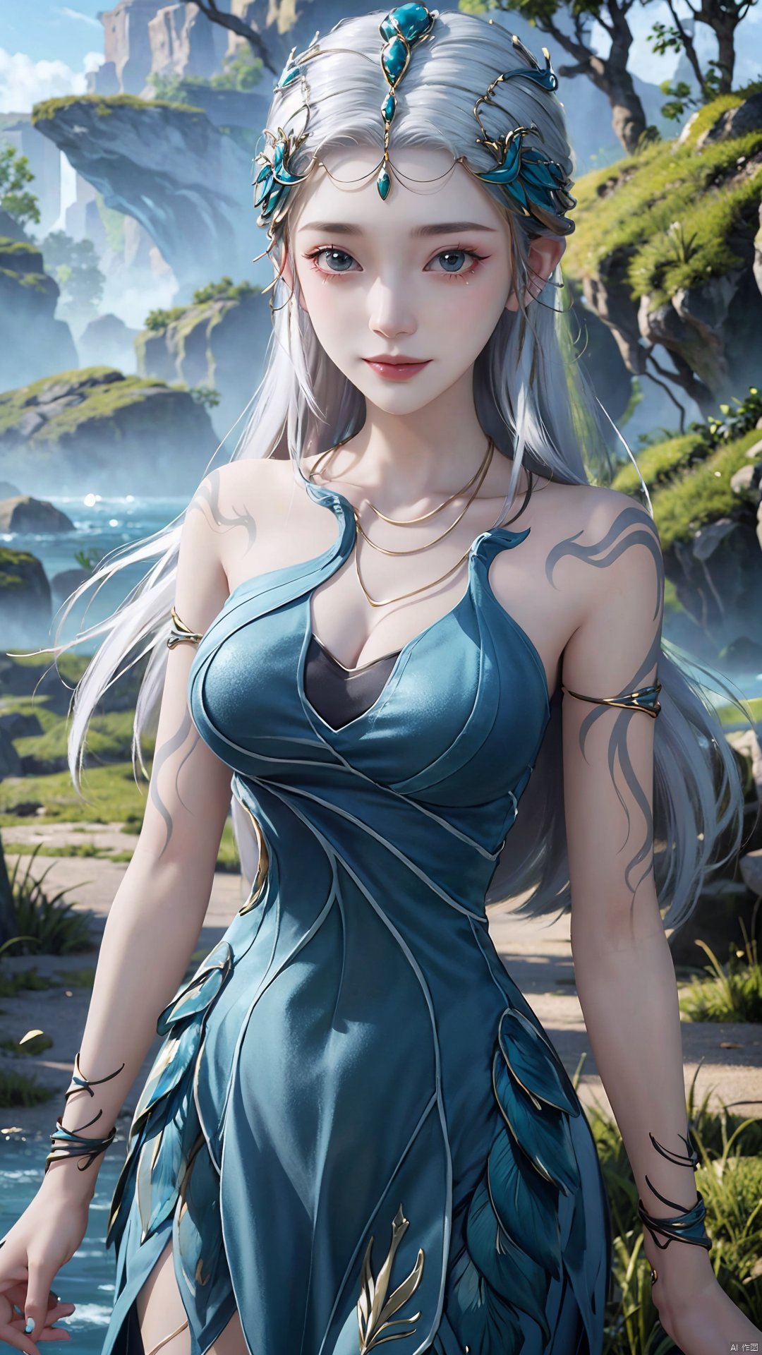 1girl, jewelry, long hair, bracelet, strapless dress, necklace, tattoo, gem, bare shoulders, white hair, aqua dress, mischevious smile, perfect body, scenery, sharp focus, best quality, masterpiece, detailed outfit, illustration, perfect eyes, finely detailed beautiful anime eyes, realistic skin, intricate details, best lighting, depth of field, ultra high resolution,cowboy_shot, dynamic pose, dynamic angle,