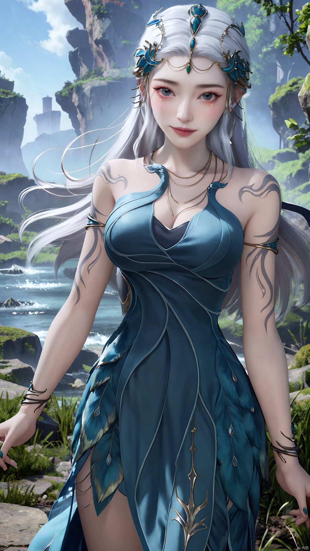 1girl, jewelry, long hair, bracelet, strapless dress, necklace, tattoo, gem, bare shoulders, white hair, aqua dress, mischevious smile, perfect body, scenery, sharp focus, best quality, masterpiece, detailed outfit, illustration, perfect eyes, finely detailed beautiful anime eyes, realistic skin, intricate details, best lighting, depth of field, ultra high resolution,cowboy_shot, dynamic pose, dynamic angle,