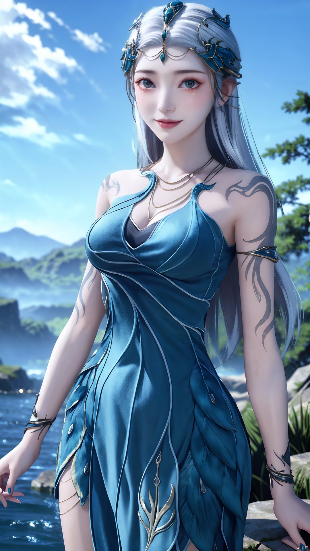 1girl, jewelry, long hair, bracelet, strapless dress, necklace, tattoo, gem, bare shoulders, white hair, aqua dress, mischevious smile, perfect body, scenery, sharp focus, best quality, masterpiece, detailed outfit, illustration, perfect eyes, finely detailed beautiful anime eyes, realistic skin, intricate details, best lighting, depth of field, ultra high resolution,cowboy_shot, dynamic pose, dynamic angle,