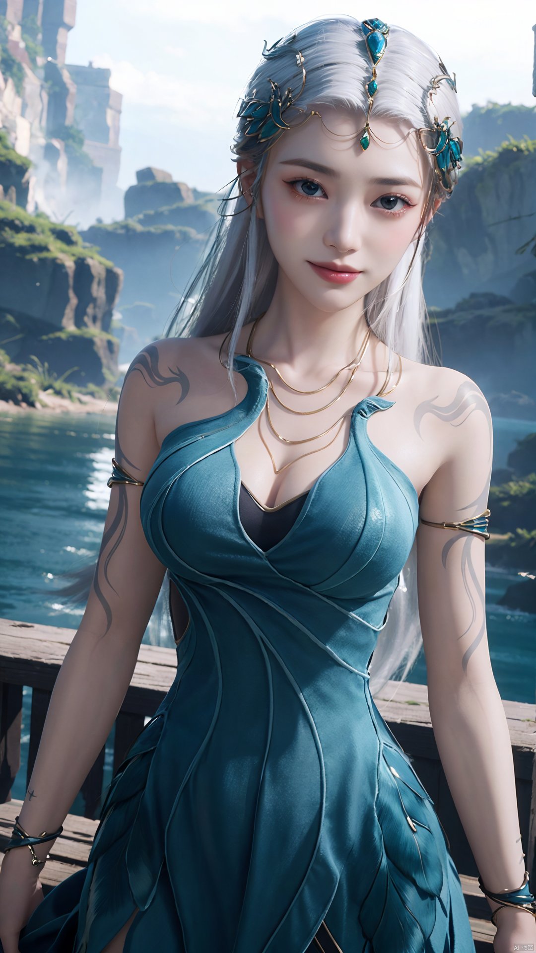 1girl, jewelry, long hair, bracelet, strapless dress, necklace, tattoo, gem, bare shoulders, white hair, aqua dress, mischevious smile, perfect body, scenery, sharp focus, best quality, masterpiece, detailed outfit, illustration, perfect eyes, finely detailed beautiful anime eyes, realistic skin, intricate details, best lighting, depth of field, ultra high resolution,cowboy_shot, dynamic pose, dynamic angle,