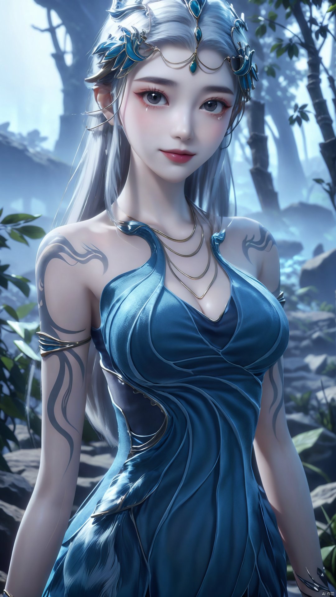 1girl, jewelry, long hair, bracelet, strapless dress, necklace, tattoo, gem, bare shoulders, white hair, aqua dress, mischevious smile, perfect body, scenery, sharp focus, best quality, masterpiece, detailed outfit, illustration, perfect eyes, finely detailed beautiful anime eyes, realistic skin, intricate details, best lighting, depth of field, ultra high resolution,cowboy_shot, dynamic pose, dynamic angle,