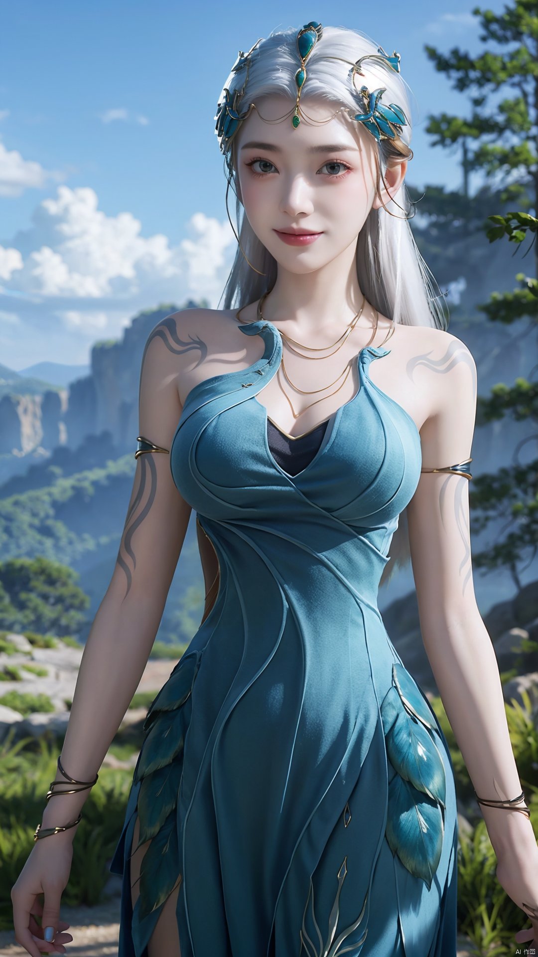 1girl, jewelry, long hair, bracelet, strapless dress, necklace, tattoo, gem, bare shoulders, white hair, aqua dress, mischevious smile, perfect body, scenery, sharp focus, best quality, masterpiece, detailed outfit, illustration, perfect eyes, finely detailed beautiful anime eyes, realistic skin, intricate details, best lighting, depth of field, ultra high resolution,cowboy_shot, dynamic pose, dynamic angle,