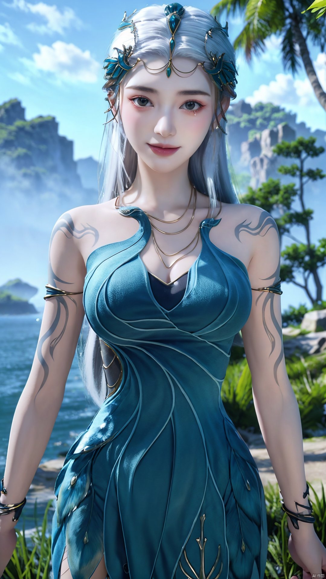 1girl, jewelry, long hair, bracelet, strapless dress, necklace, tattoo, gem, bare shoulders, white hair, aqua dress, mischevious smile, perfect body, scenery, sharp focus, best quality, masterpiece, detailed outfit, illustration, perfect eyes, finely detailed beautiful anime eyes, realistic skin, intricate details, best lighting, depth of field, ultra high resolution,cowboy_shot, dynamic pose, dynamic angle,