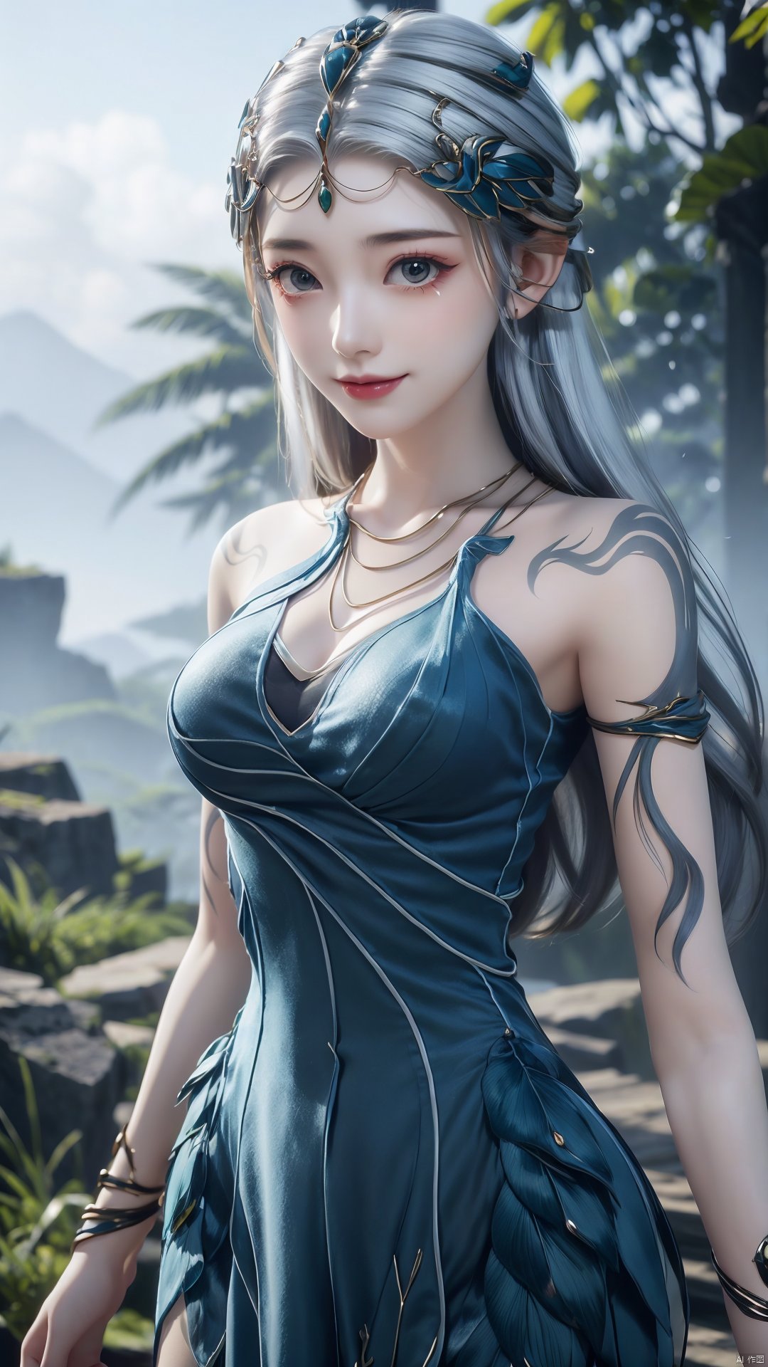 1girl, jewelry, long hair, bracelet, strapless dress, necklace, tattoo, gem, bare shoulders, white hair, aqua dress, mischevious smile, perfect body, scenery, sharp focus, best quality, masterpiece, detailed outfit, illustration, perfect eyes, finely detailed beautiful anime eyes, realistic skin, intricate details, best lighting, depth of field, ultra high resolution,cowboy_shot, dynamic pose, dynamic angle,