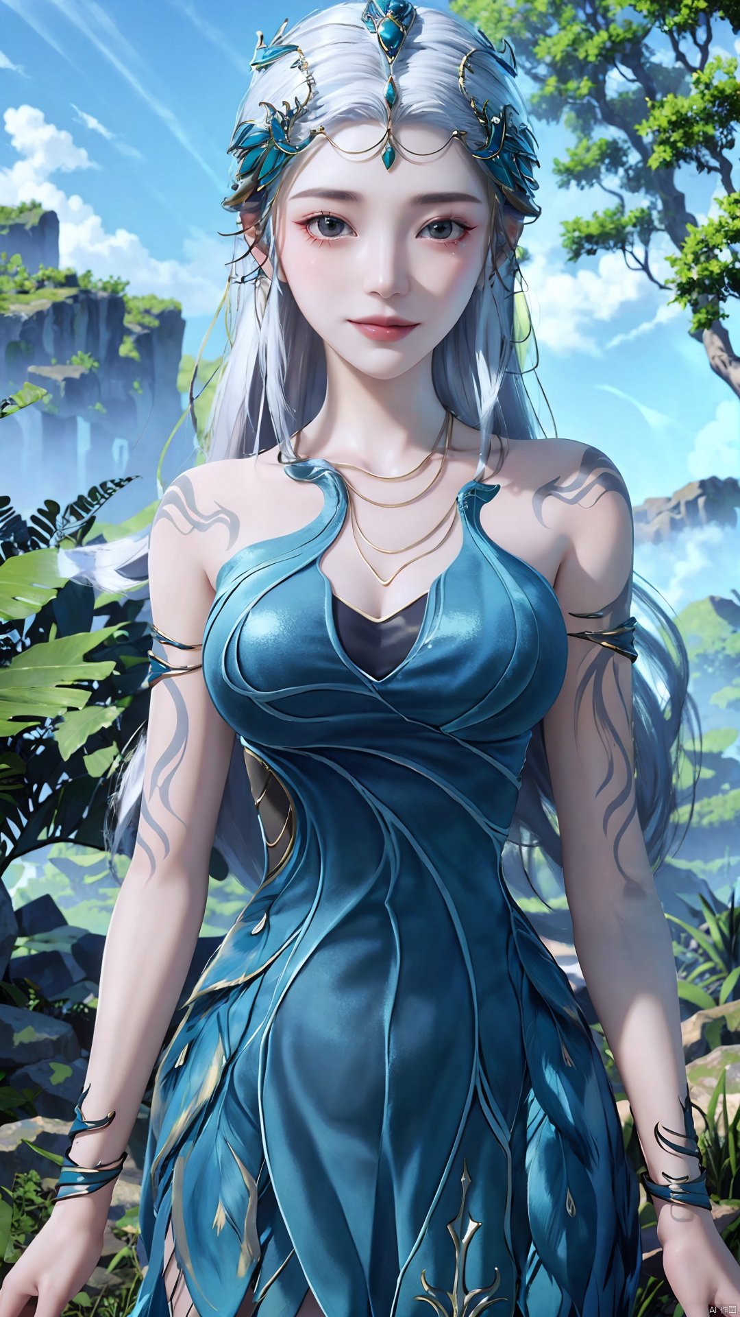 1girl, jewelry, long hair, bracelet, strapless dress, necklace, tattoo, gem, bare shoulders, white hair, aqua dress, mischevious smile, perfect body, scenery, sharp focus, best quality, masterpiece, detailed outfit, illustration, perfect eyes, finely detailed beautiful anime eyes, realistic skin, intricate details, best lighting, depth of field, ultra high resolution,cowboy_shot, dynamic pose, dynamic angle,