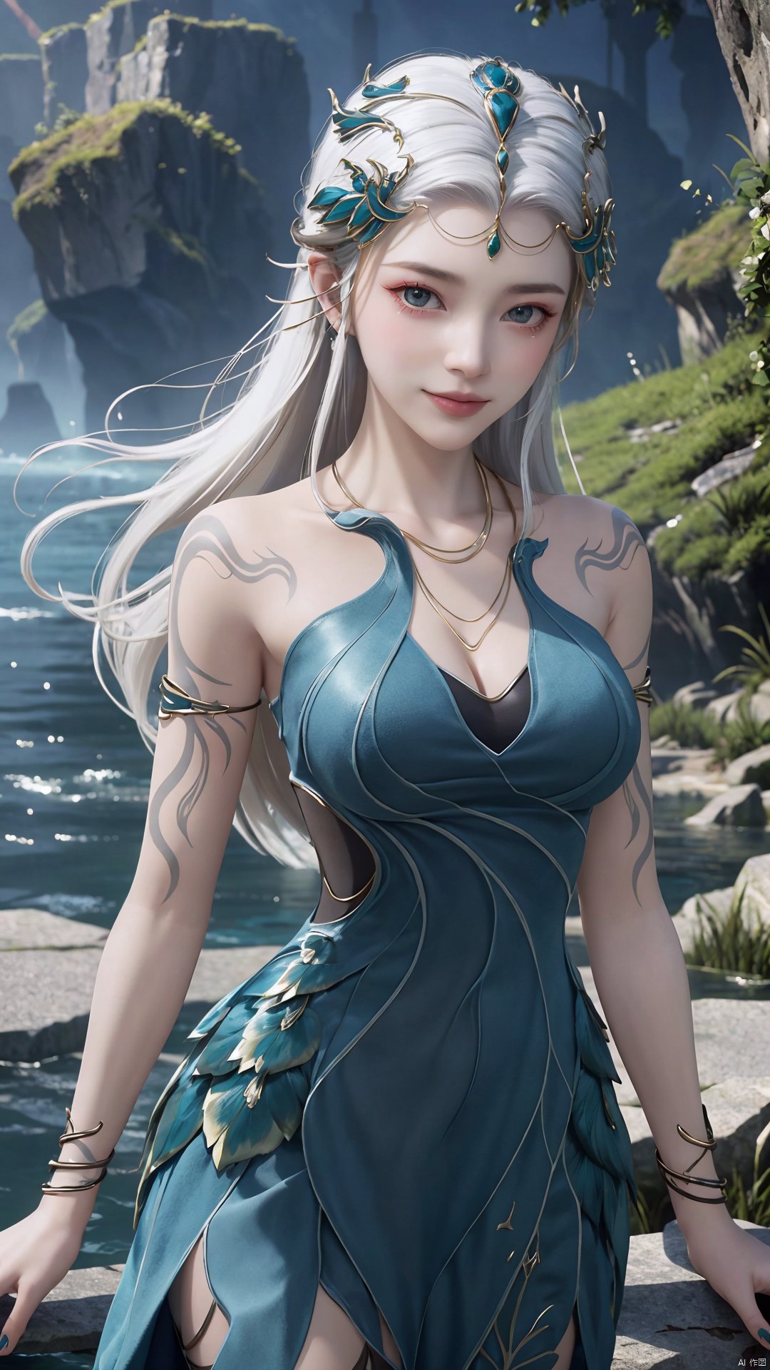 1girl, jewelry, long hair, bracelet, strapless dress, necklace, tattoo, gem, bare shoulders, white hair, aqua dress, mischevious smile, perfect body, scenery, sharp focus, best quality, masterpiece, detailed outfit, illustration, perfect eyes, finely detailed beautiful anime eyes, realistic skin, intricate details, best lighting, depth of field, ultra high resolution,cowboy_shot, dynamic pose, dynamic angle,