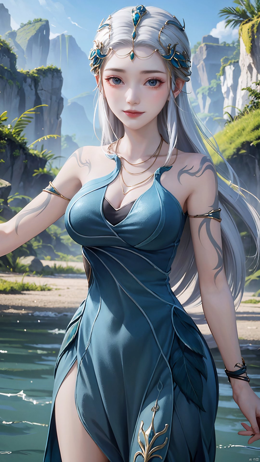 1girl, jewelry, long hair, bracelet, strapless dress, necklace, tattoo, gem, bare shoulders, white hair, aqua dress, mischevious smile, perfect body, scenery, sharp focus, best quality, masterpiece, detailed outfit, illustration, perfect eyes, finely detailed beautiful anime eyes, realistic skin, intricate details, best lighting, depth of field, ultra high resolution,cowboy_shot, dynamic pose, dynamic angle,