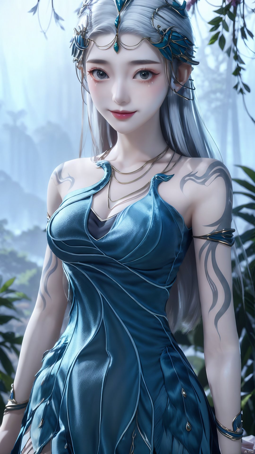 1girl, jewelry, long hair, bracelet, strapless dress, necklace, tattoo, gem, bare shoulders, white hair, aqua dress, mischevious smile, perfect body, scenery, sharp focus, best quality, masterpiece, detailed outfit, illustration, perfect eyes, finely detailed beautiful anime eyes, realistic skin, intricate details, best lighting, depth of field, ultra high resolution,cowboy_shot, dynamic pose, dynamic angle,