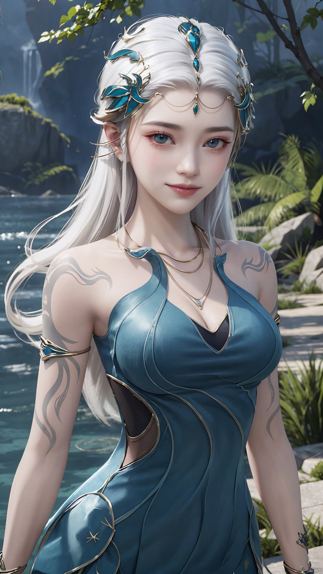 1girl, jewelry, long hair, bracelet, strapless dress, necklace, tattoo, gem, bare shoulders, white hair, aqua dress, mischevious smile, perfect body, scenery, sharp focus, best quality, masterpiece, detailed outfit, illustration, perfect eyes, finely detailed beautiful anime eyes, realistic skin, intricate details, best lighting, depth of field, ultra high resolution,cowboy_shot, dynamic pose, dynamic angle,