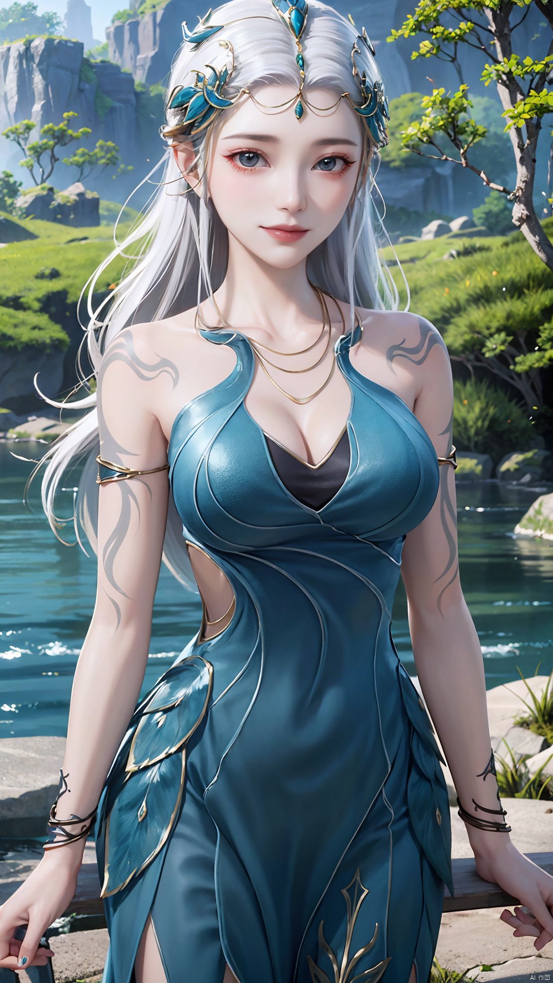 1girl, jewelry, long hair, bracelet, strapless dress, necklace, tattoo, gem, bare shoulders, white hair, aqua dress, mischevious smile, perfect body, scenery, sharp focus, best quality, masterpiece, detailed outfit, illustration, perfect eyes, finely detailed beautiful anime eyes, realistic skin, intricate details, best lighting, depth of field, ultra high resolution,cowboy_shot, dynamic pose, dynamic angle,