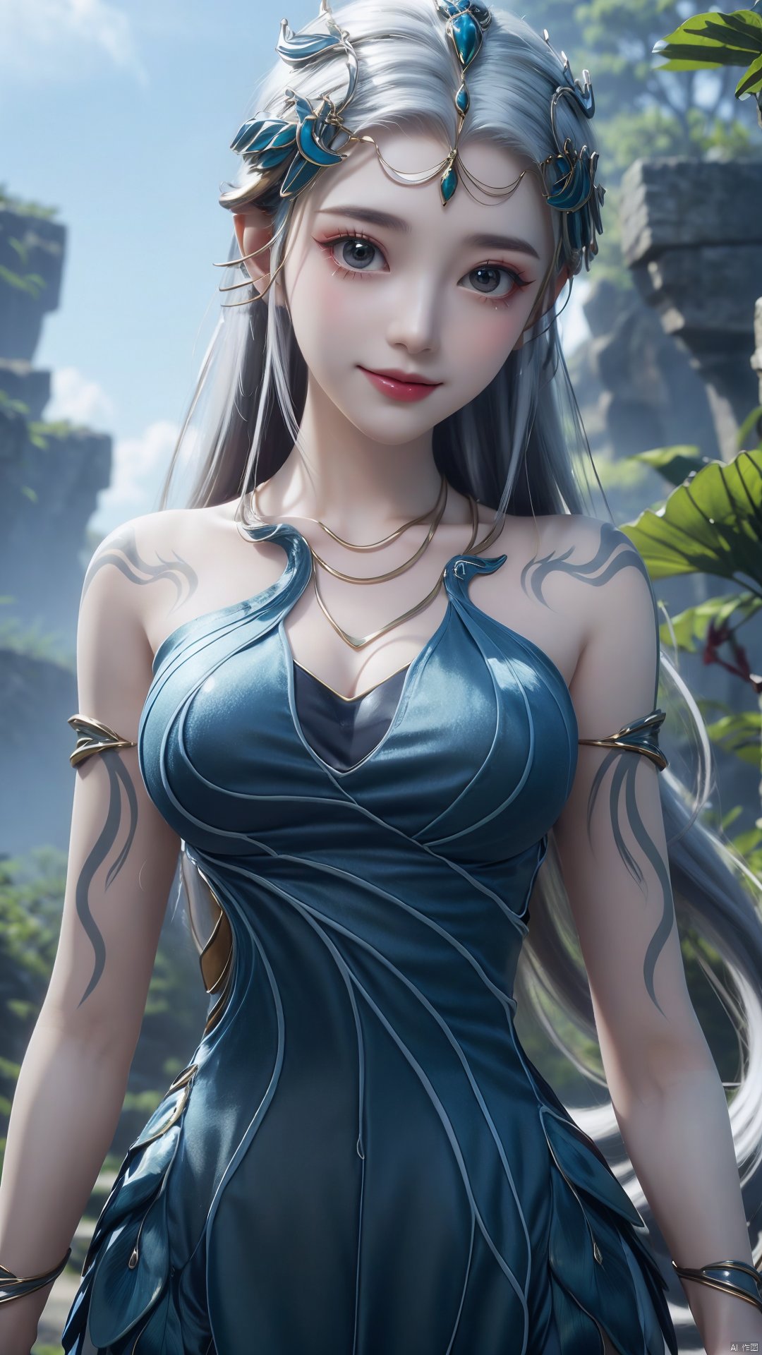 1girl, jewelry, long hair, bracelet, strapless dress, necklace, tattoo, gem, bare shoulders, white hair, aqua dress, mischevious smile, perfect body, scenery, sharp focus, best quality, masterpiece, detailed outfit, illustration, perfect eyes, finely detailed beautiful anime eyes, realistic skin, intricate details, best lighting, depth of field, ultra high resolution,cowboy_shot, dynamic pose, dynamic angle,