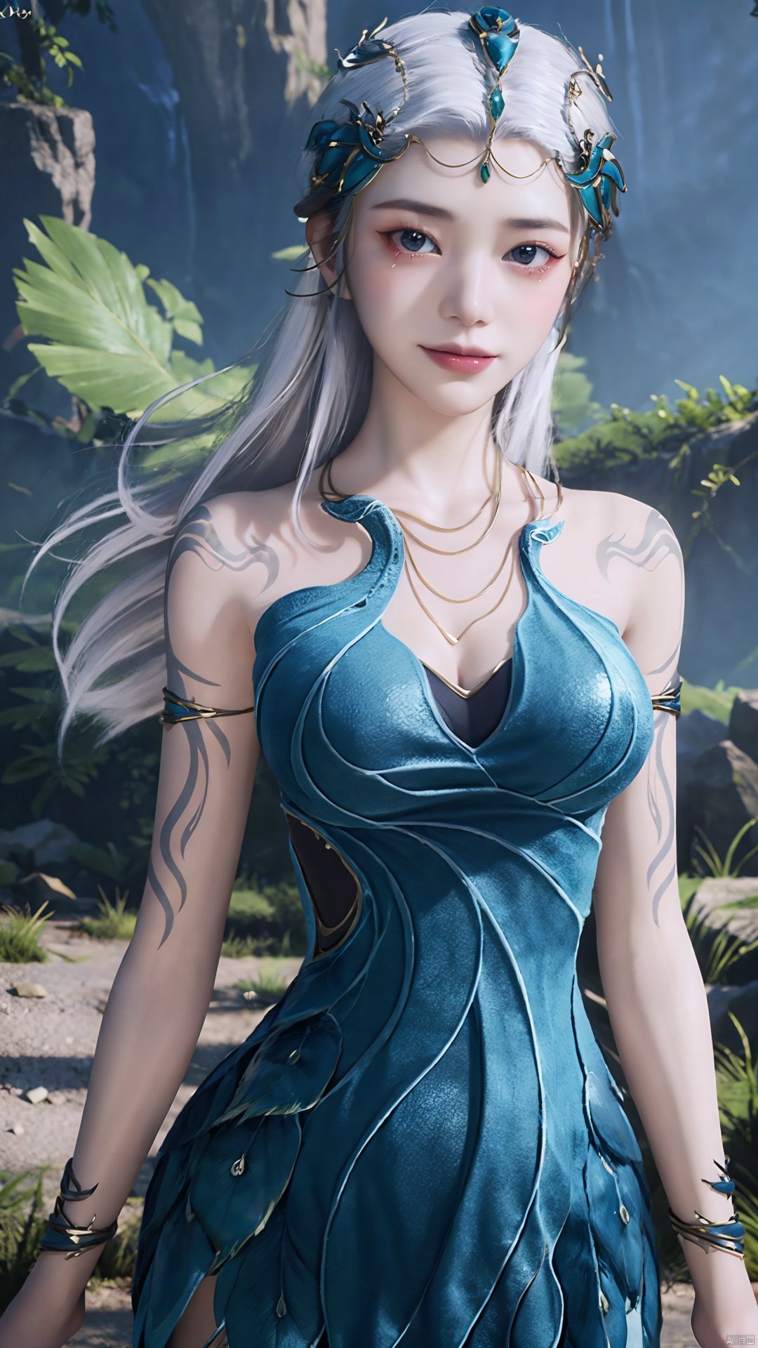 1girl, jewelry, long hair, bracelet, strapless dress, necklace, tattoo, gem, bare shoulders, white hair, aqua dress, mischevious smile, perfect body, scenery, sharp focus, best quality, masterpiece, detailed outfit, illustration, perfect eyes, finely detailed beautiful anime eyes, realistic skin, intricate details, best lighting, depth of field, ultra high resolution,cowboy_shot, dynamic pose, dynamic angle,