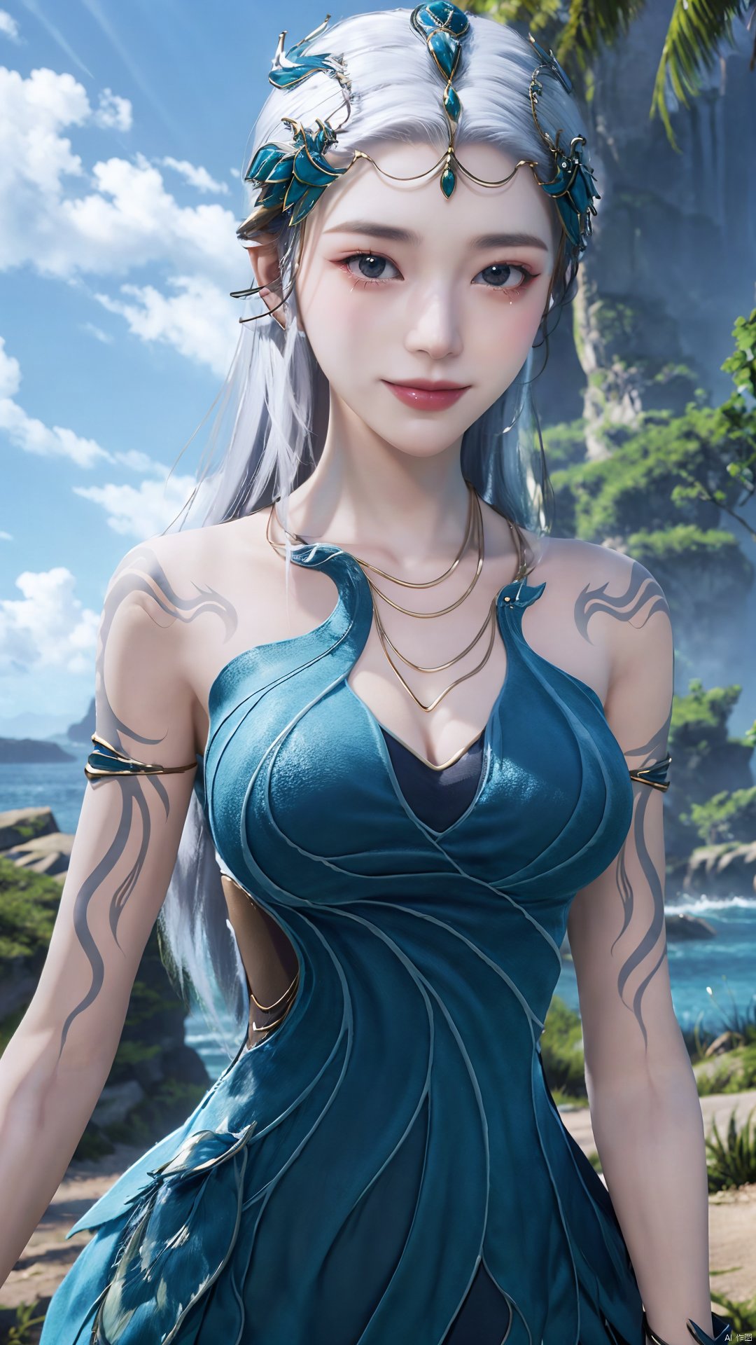 1girl, jewelry, long hair, bracelet, strapless dress, necklace, tattoo, gem, bare shoulders, white hair, aqua dress, mischevious smile, perfect body, scenery, sharp focus, best quality, masterpiece, detailed outfit, illustration, perfect eyes, finely detailed beautiful anime eyes, realistic skin, intricate details, best lighting, depth of field, ultra high resolution,cowboy_shot, dynamic pose, dynamic angle,