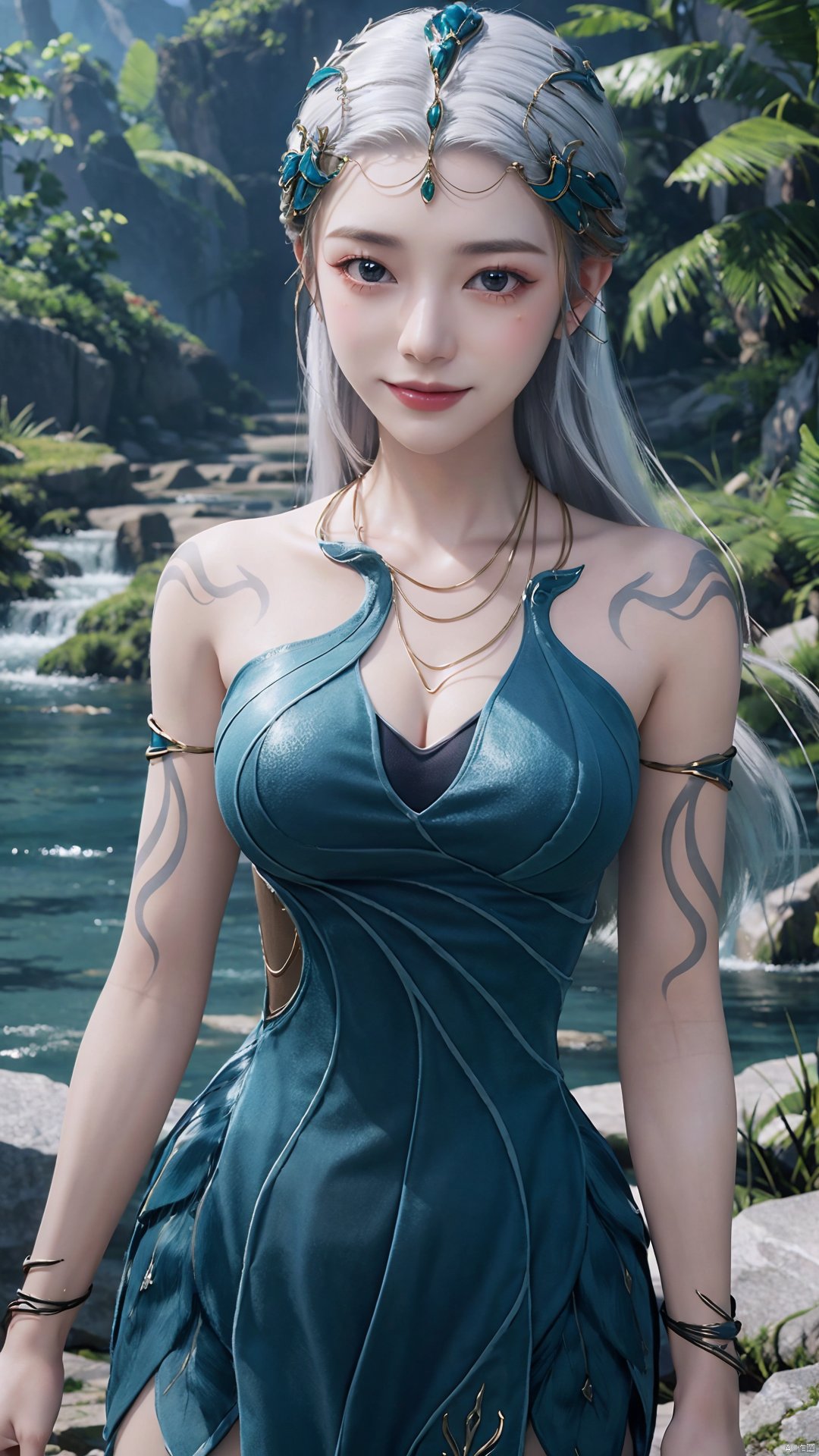 1girl, jewelry, long hair, bracelet, strapless dress, necklace, tattoo, gem, bare shoulders, white hair, aqua dress, mischevious smile, perfect body, scenery, sharp focus, best quality, masterpiece, detailed outfit, illustration, perfect eyes, finely detailed beautiful anime eyes, realistic skin, intricate details, best lighting, depth of field, ultra high resolution,cowboy_shot, dynamic pose, dynamic angle,