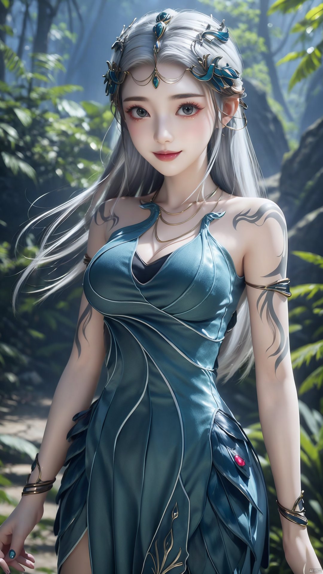 1girl, jewelry, long hair, bracelet, strapless dress, necklace, tattoo, gem, bare shoulders, white hair, aqua dress, mischevious smile, perfect body, scenery, sharp focus, best quality, masterpiece, detailed outfit, illustration, perfect eyes, finely detailed beautiful anime eyes, realistic skin, intricate details, best lighting, depth of field, ultra high resolution,cowboy_shot, dynamic pose, dynamic angle,