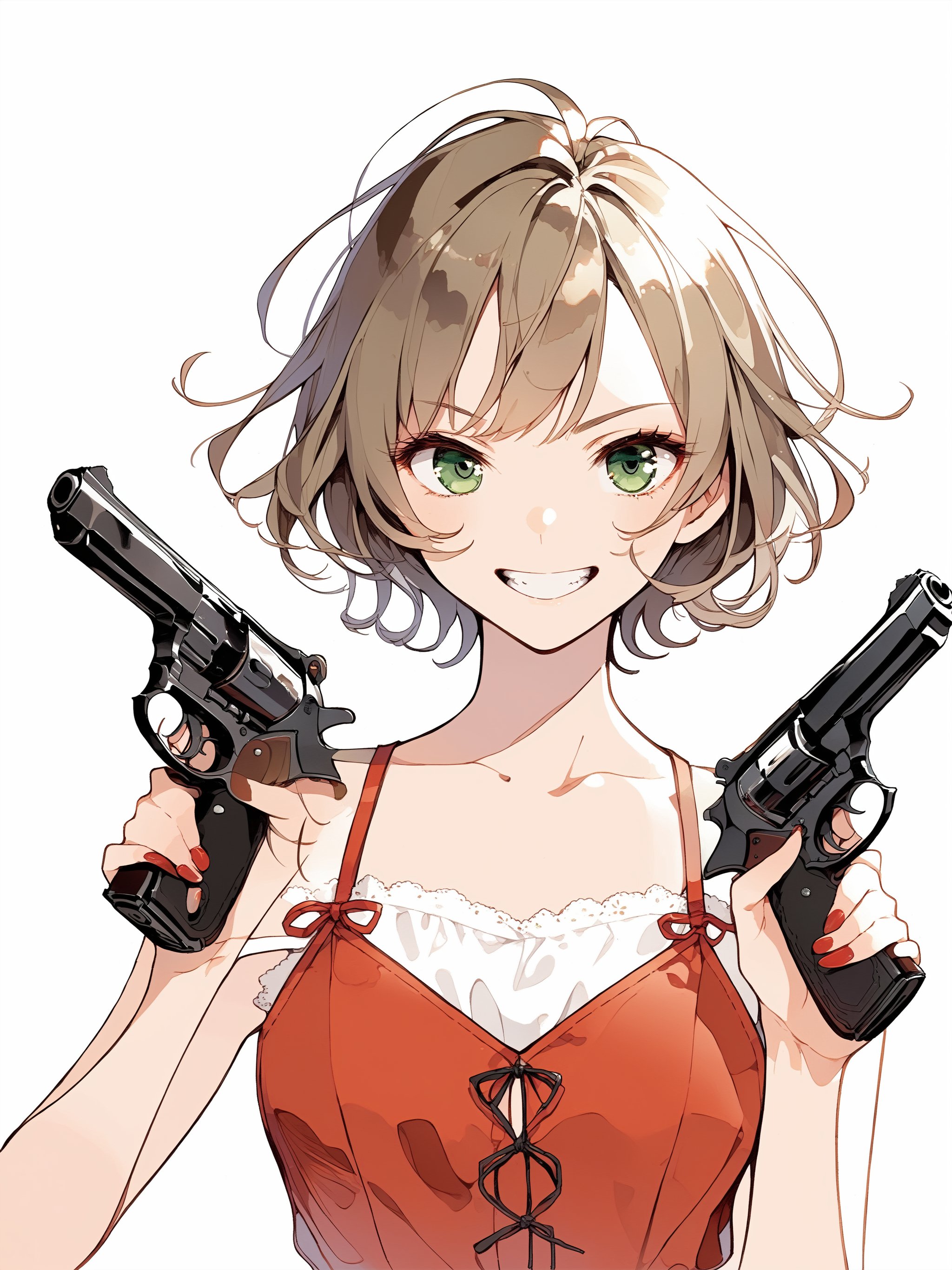 Girl with two handguns
Two pistols. Dual wield, Akimbo, 
Japanese animation style.
Black revolver. The muzzle is facing you.
Beautiful green eyes. grin, 
brown hair, extra short hair, 
Very detailed and quality illustration.
Simple background. White background.
(beautiful red camisole:1.1), 
upper body, 
masterpiece, top quality, aesthetic, Dual_wield