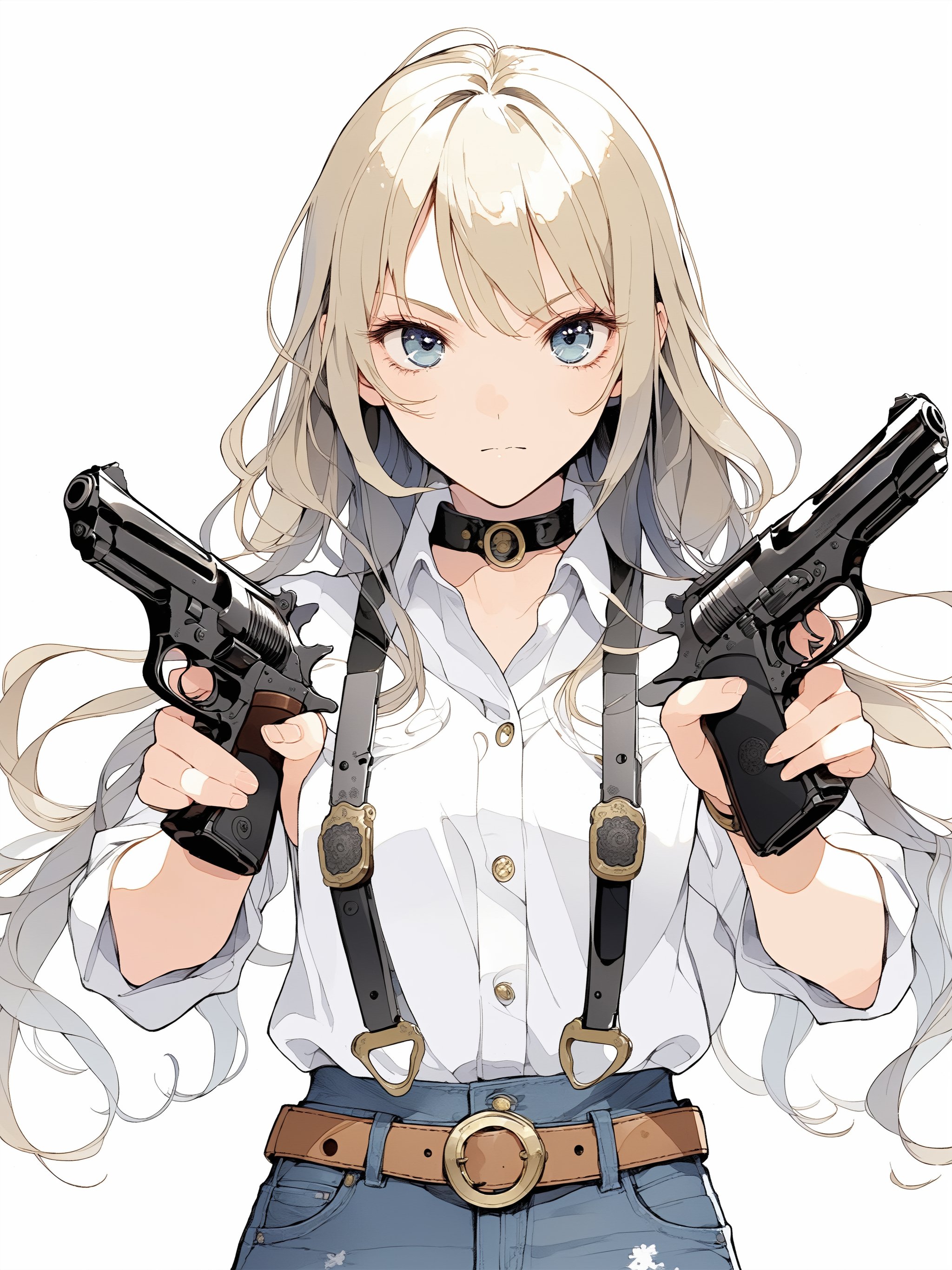 Girl with two handguns
Trigger discipline.
Two pistols. Dual wield, Akimbo, 
Japanese animation style.
Black revolver. The muzzle is facing you.
Beautiful eyes.
Very detailed and quality illustration.
Simple background. White background.
Denim pants.
upper body, 
masterpiece, top quality, aesthetic, Dual_wield