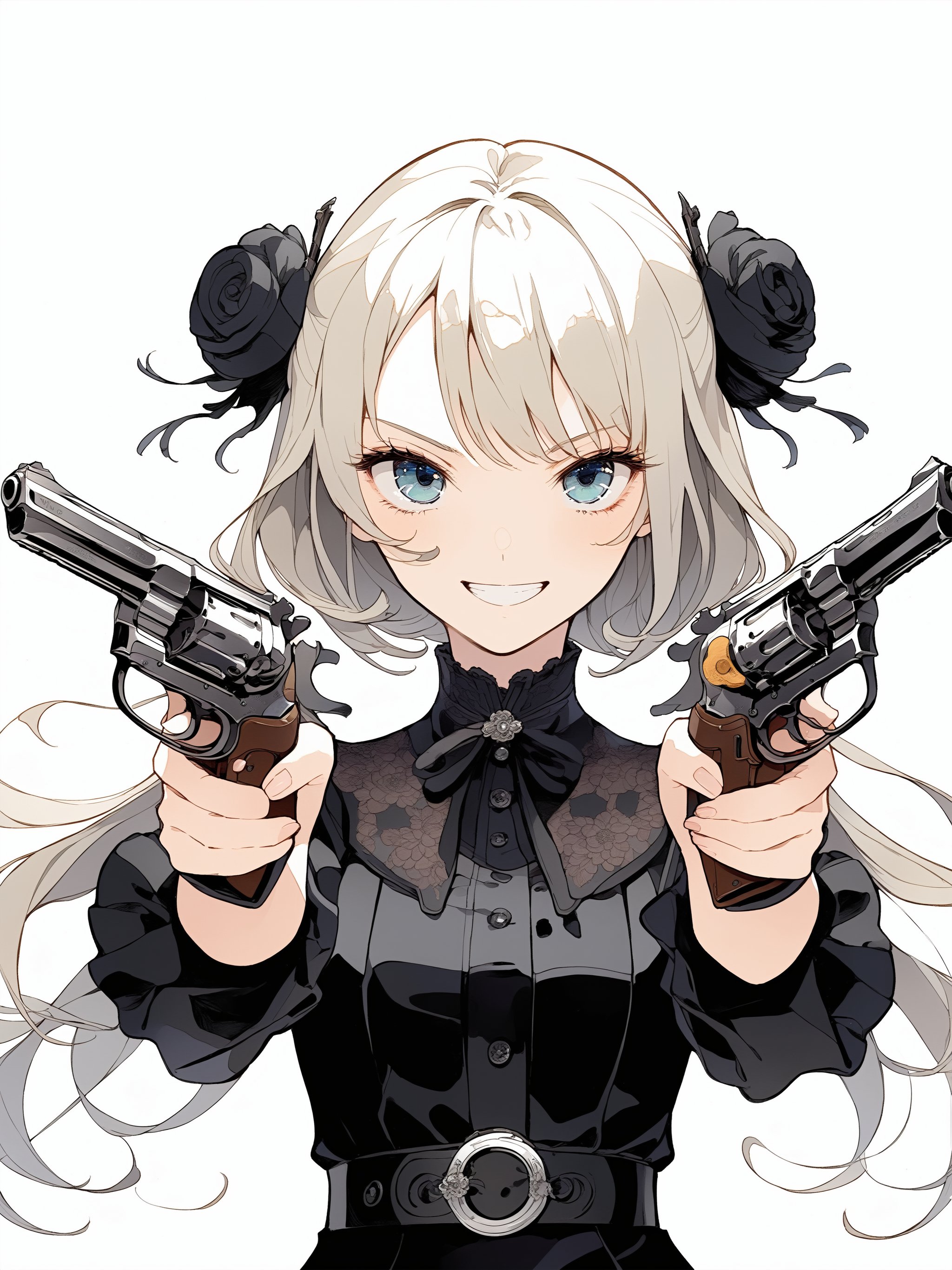 Girl with two handguns
Trigger discipline.
Two pistols. Dual wield, Akimbo, 
Japanese animation style.
Black revolver. The muzzle is facing you.
Beautiful eyes. smile, 
Very detailed and quality illustration.
Simple background. White background.
beautiful dress.
upper body, 
masterpiece, top quality, aesthetic, Dual_wield