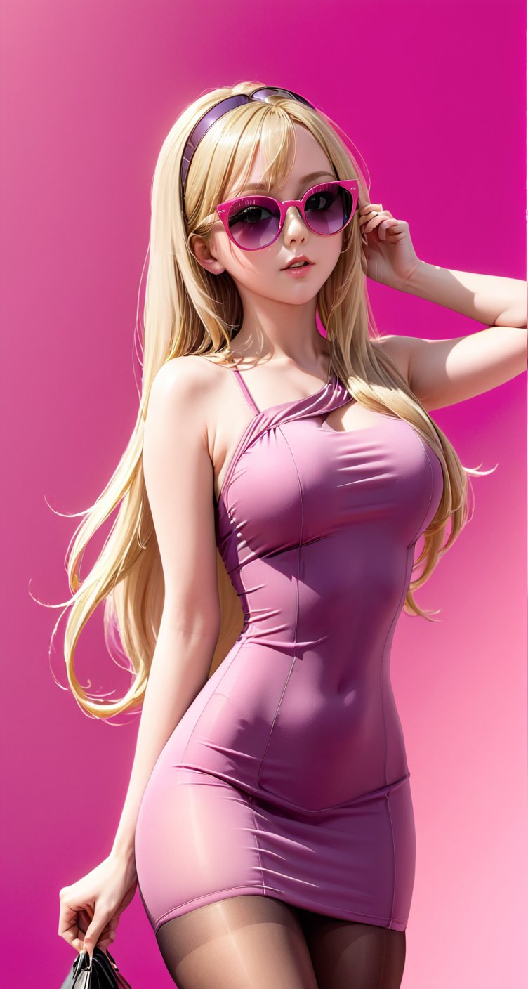 1girl, solo, long hair, blonde hair, dress, pantyhose, armpits, pink background, sunglasses, eyewear on head, realistic, fashion,(anime)