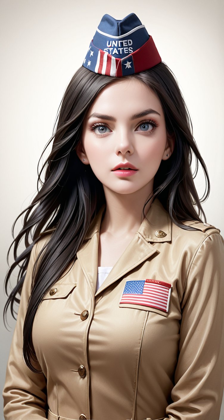 1girl, solo, long hair, black hair, hat, realistic, garrison cap, united states