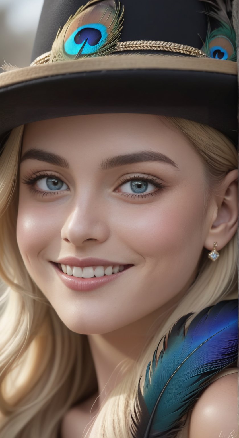 1girl,solo,long hair,looking at viewer,smile,blue eyes,blonde hair,hat,jewelry,earrings,teeth,artist name,grin,lips,grey eyes,eyelashes,heterochromia,watermark,feathers,portrait,realistic,nose,hat feather
