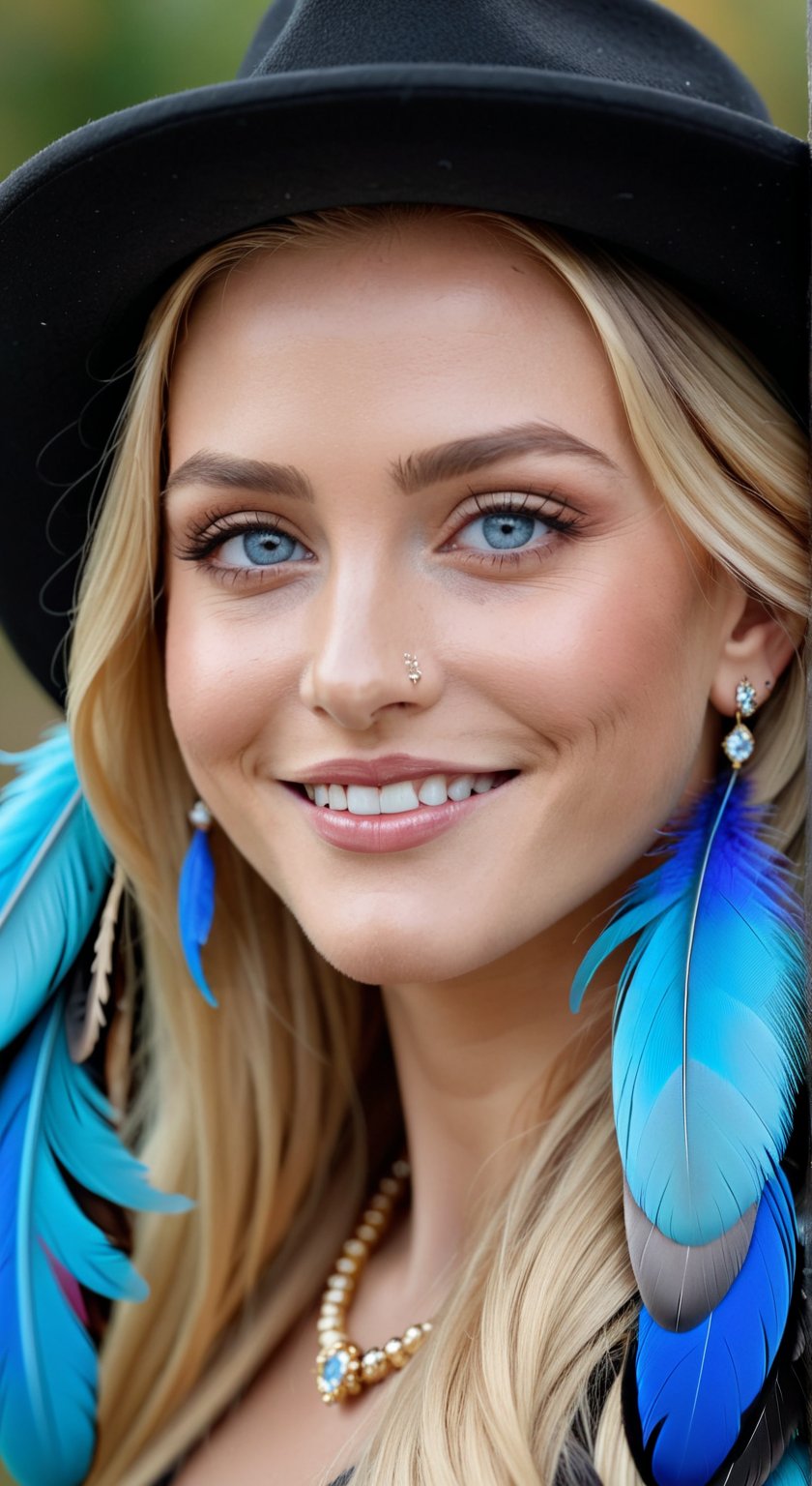 1girl,solo,long hair,looking at viewer,smile,blue eyes,blonde hair,hat,jewelry,earrings,teeth,artist name,grin,lips,grey eyes,eyelashes,heterochromia,watermark,feathers,portrait,realistic,nose,hat feather
