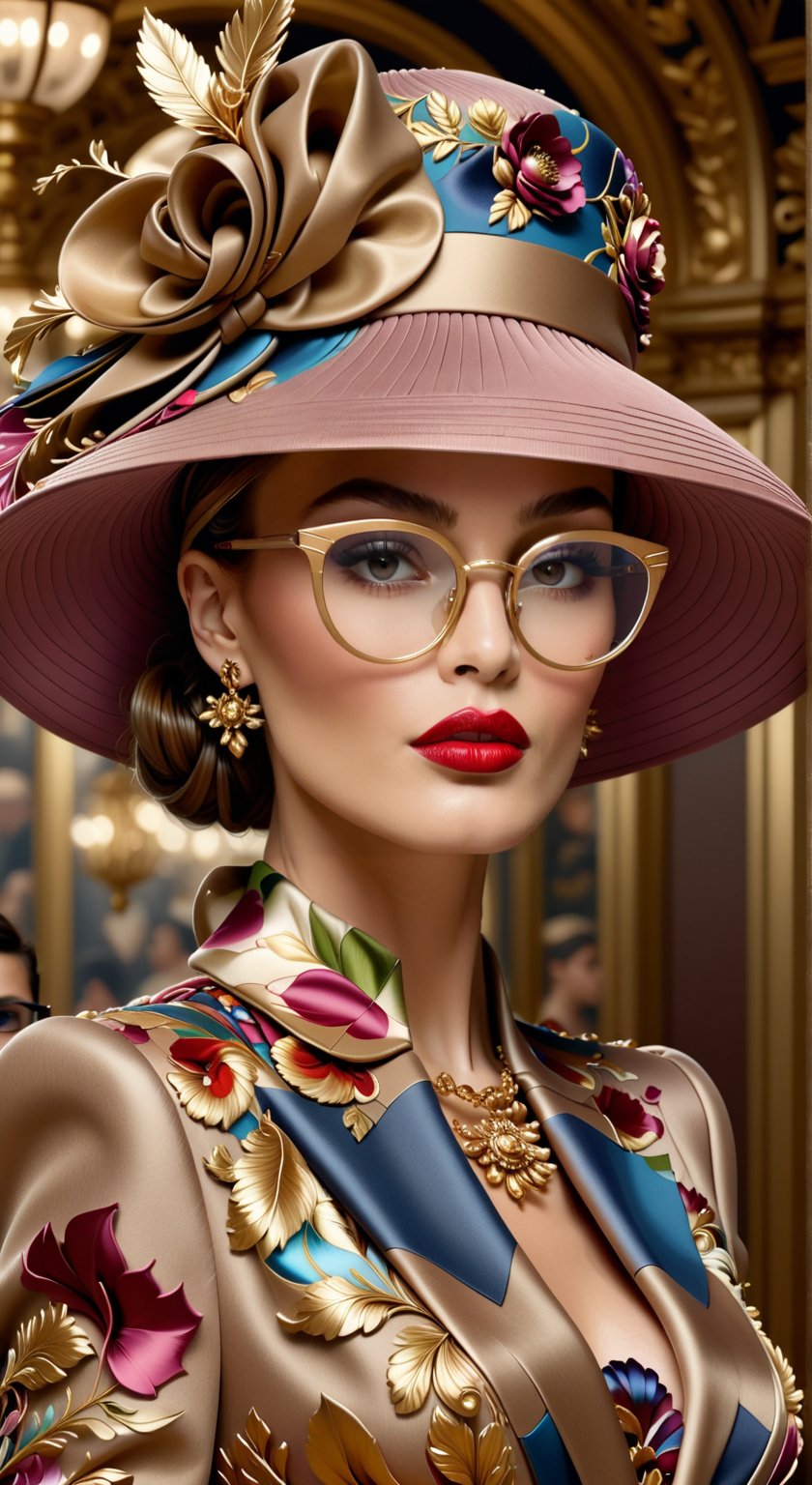 Hyperreal, supermodel, in an elegant dress, fashionable hat, gold-rimmed glasses, detailed eyes, detailed lips, fashionable illustration, elegantly dressed woman in ,Dolce and Gabbana , fabrics echoing the high chic of high fashion, fusion of surreal elements, fusion of art, digital rendering, chic elegance, detailed, ultra hd, realistic, bright colors, very detailed, UHD drawing, pen and ink, perfect composition, beautiful detailed, intricate octane visualization in the trend at the station, 8k, photorealistic concept art, soft natural cinematic three-dimensional light