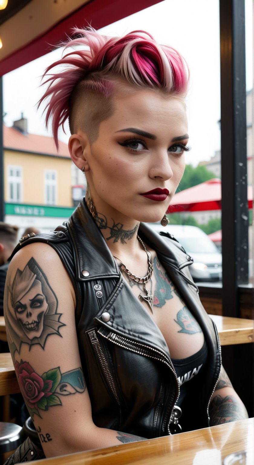 podkowinski year 2020, beautiful punk girl in a cafe, in the background people at tables and a view of the city
 