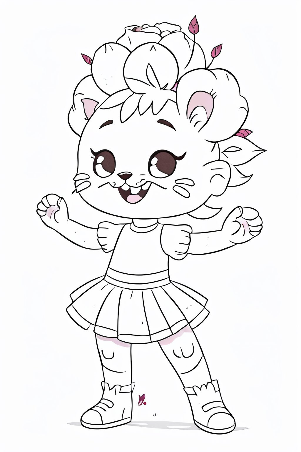  Stuffed Cute., with roses in her head., DANCING., (furry and soft)., coloring page  outlines, Bold lines., Fantasy, Expressions style, Ilustration, Flat, Funny, adorable, Smiling.,   coloring book., bold line art., White background., ,Coloring Page,Bold line art