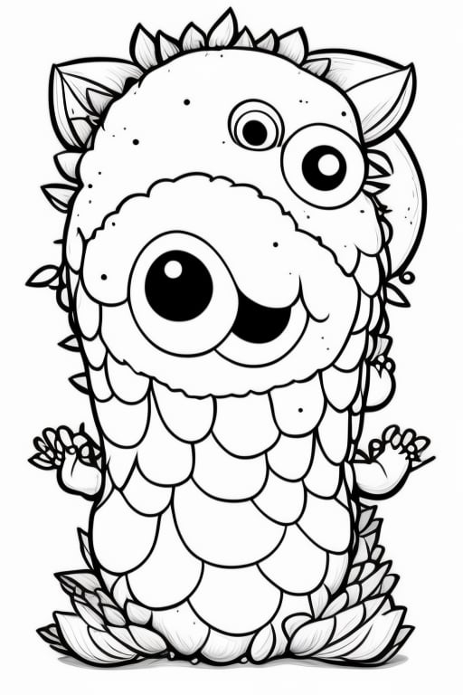 Stuffed Cute Monster., with flowers decorations on the head., furry and soft Bold fine lines., White background, Fantasy, Expressions style, Ilustration, Flat, Funny, adorable, Smiling,ColoringBookAF,dragonink,Coloring Page