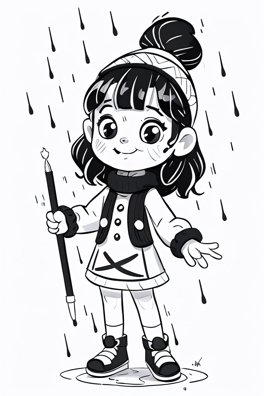 coloring book, bold line art.  White and black minimalistic draw coloring page for a beautiful little girl character handdraw at winter and rain is so pretty. Defined lines. Clean Drawn. Vector.

