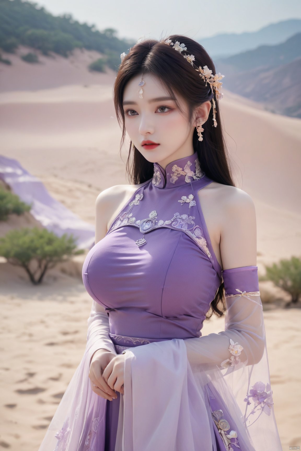  1girl,purple wedding dress, (masterpiece, top quality, best quality, official art, beautiful and aesthetic:1.2), medusa, desert_sky, weijin_hanfu, song_hanfu