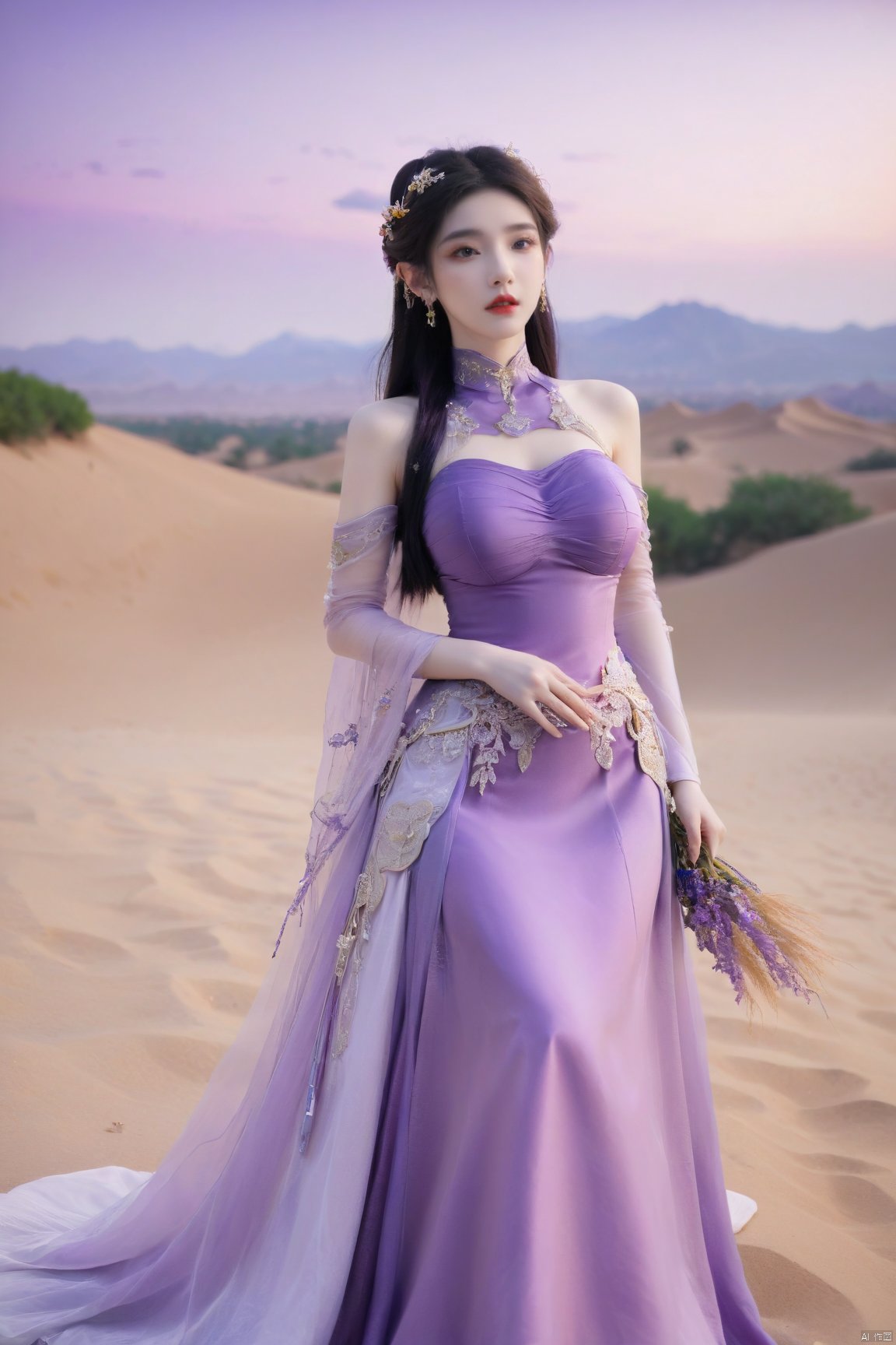  1girl,purple wedding dress, (masterpiece, top quality, best quality, official art, beautiful and aesthetic:1.2), medusa, desert_sky, weijin_hanfu, song_hanfu