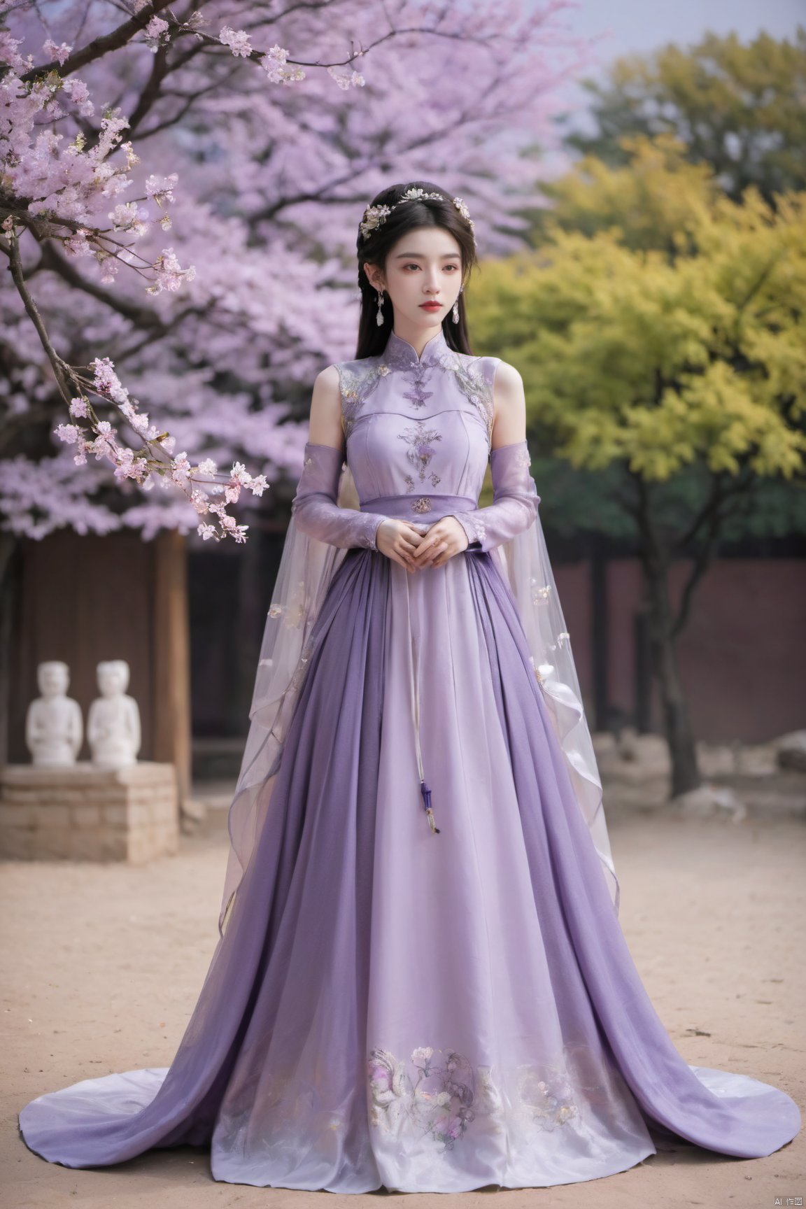  1girl,purple wedding dress, (masterpiece, top quality, best quality, official art, beautiful and aesthetic:1.2), medusa, desert_sky, weijin_hanfu, song_hanfu