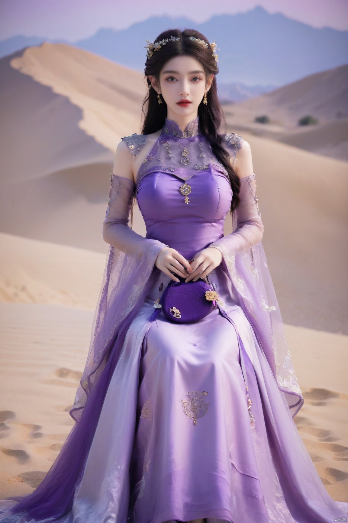  1girl,purple wedding dress, (masterpiece, top quality, best quality, official art, beautiful and aesthetic:1.2), medusa, desert_sky, weijin_hanfu, song_hanfu