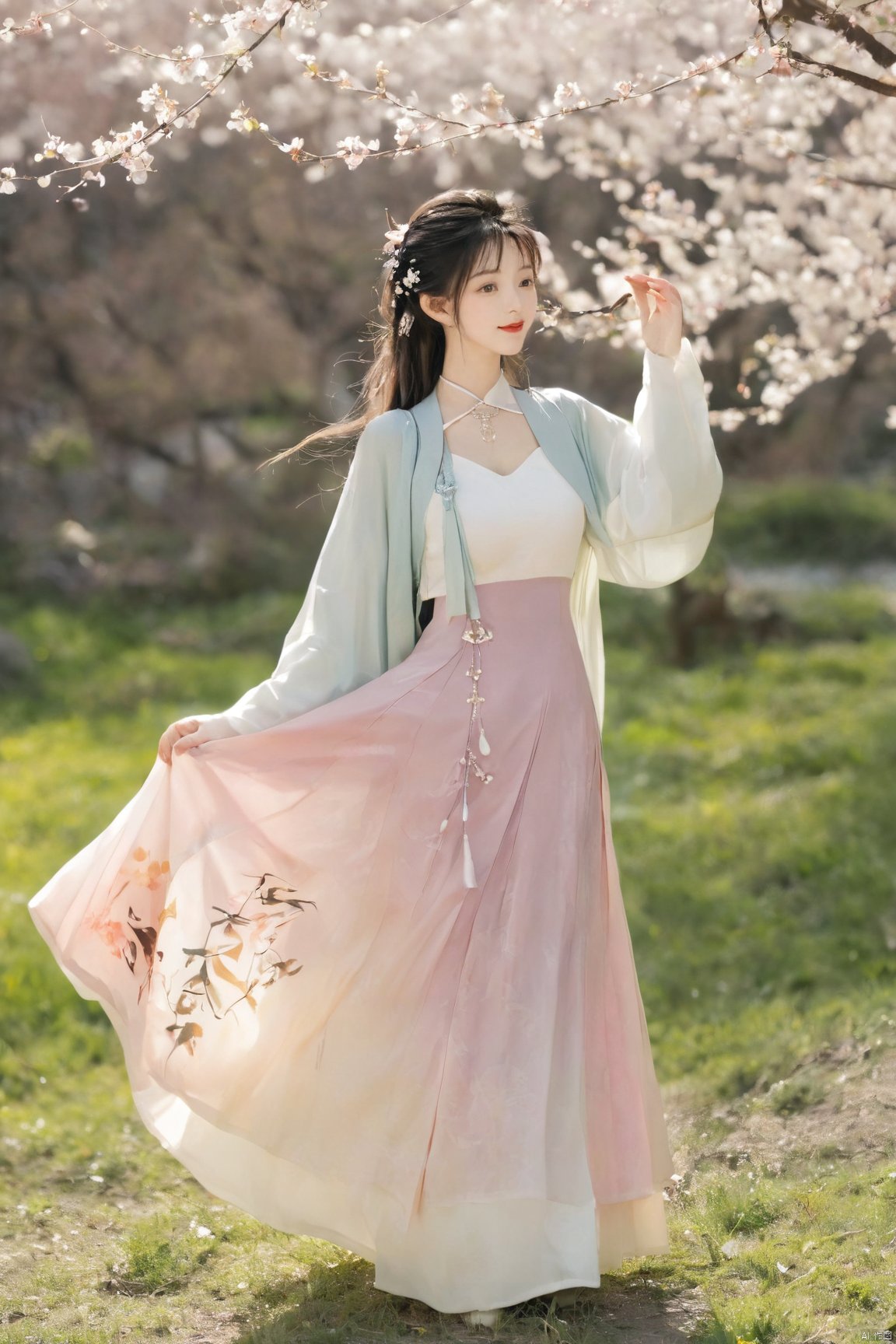  A girl,skirt,jewelry,long_hair,necklace,earrings,perfect body,standing,large breasts,looking at viewer,chinese clothes,china dress,hanfu,cherry_blossoms,in spring,sunny,sunny,wind,cloud,bright,
, ming_hanfu, daxiushan, New Chinese_Hanfu