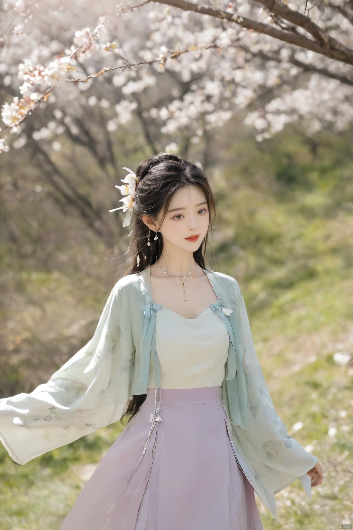  A girl,skirt,jewelry,long_hair,necklace,earrings,perfect body,standing,large breasts,looking at viewer,chinese clothes,china dress,hanfu,cherry_blossoms,in spring,sunny,sunny,wind,cloud,bright,
, ming_hanfu, daxiushan, New Chinese_Hanfu