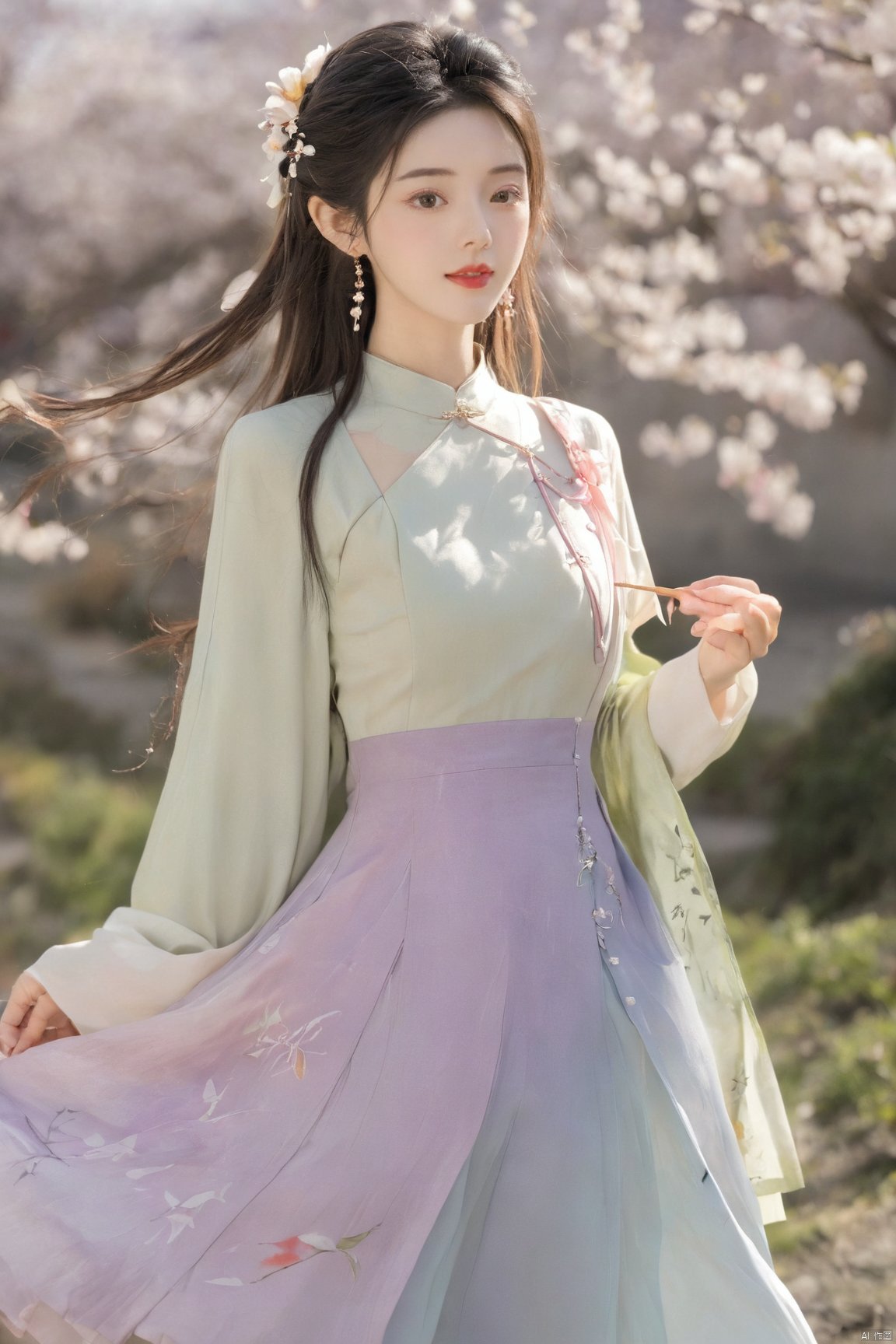  A girl,skirt,jewelry,long_hair,necklace,earrings,perfect body,standing,large breasts,looking at viewer,chinese clothes,china dress,hanfu,cherry_blossoms,in spring,sunny,sunny,wind,cloud,bright,
, ming_hanfu, daxiushan, New Chinese_Hanfu