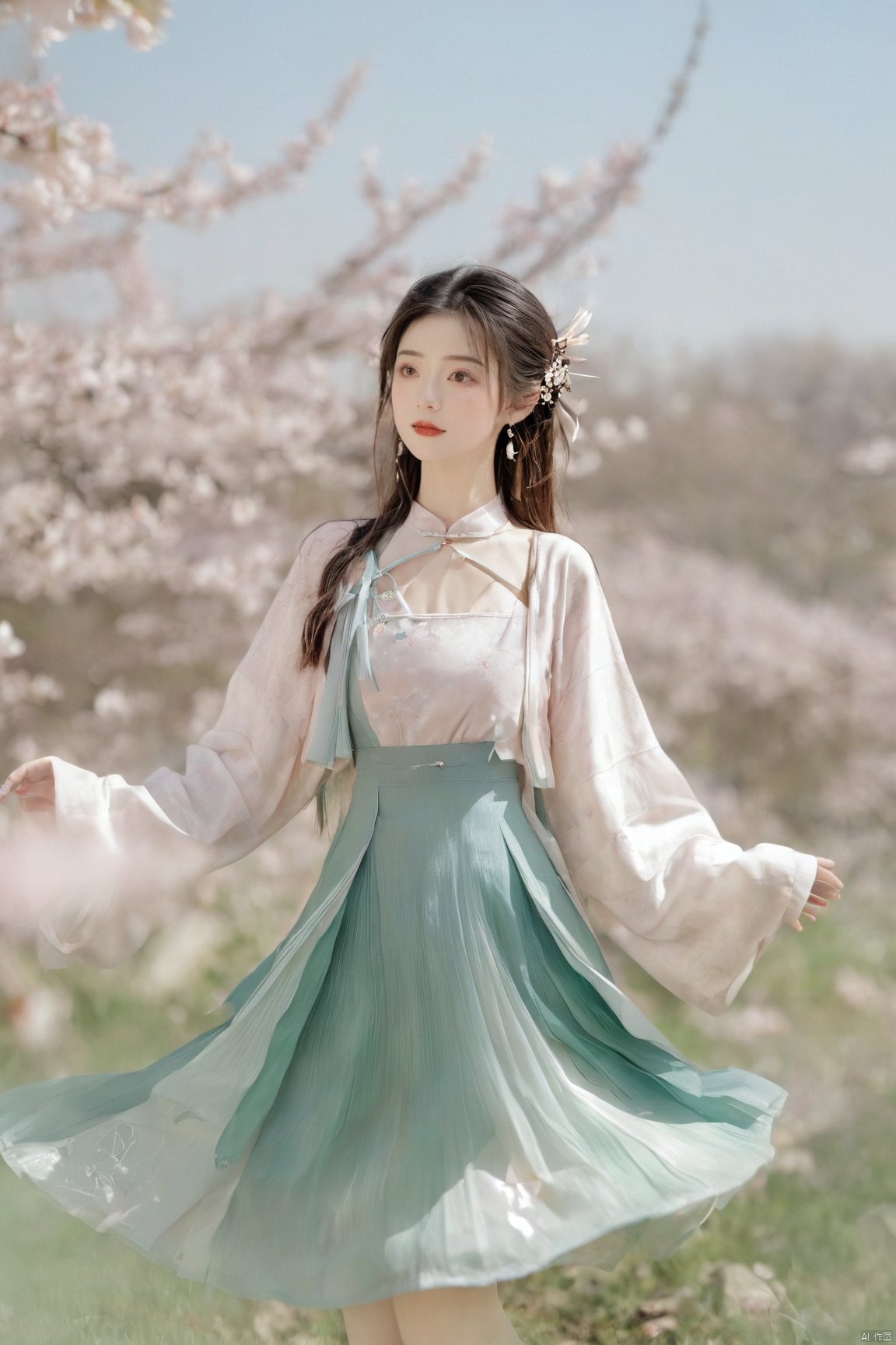  A girl,skirt,jewelry,long_hair,necklace,earrings,perfect body,standing,large breasts,looking at viewer,chinese clothes,china dress,hanfu,cherry_blossoms,in spring,sunny,sunny,wind,cloud,bright,
, ming_hanfu, daxiushan, New Chinese_Hanfu