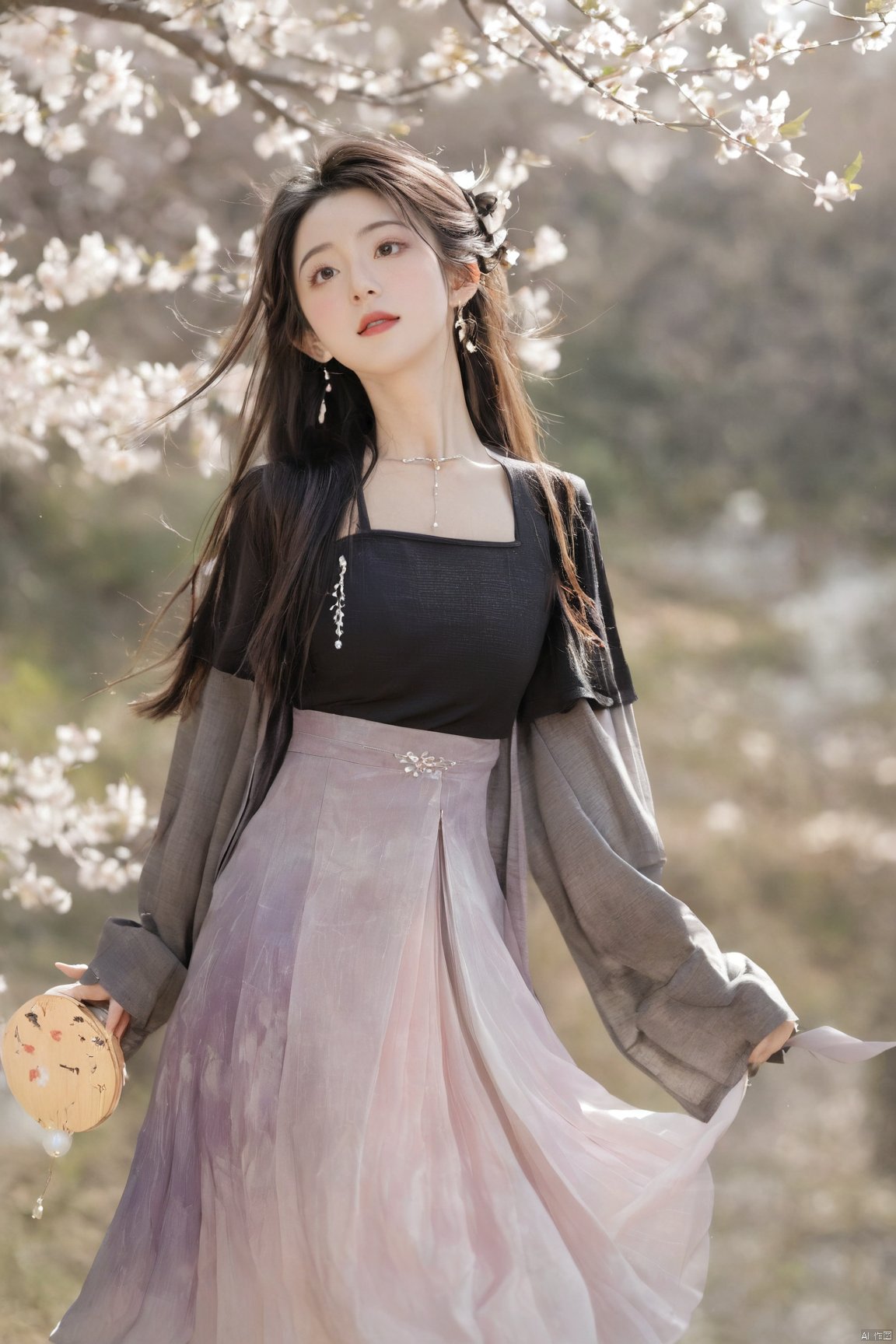  A girl,skirt,jewelry,long_hair,necklace,earrings,perfect body,standing,large breasts,looking at viewer,chinese clothes,china dress,hanfu,cherry_blossoms,in spring,sunny,sunny,wind,cloud,bright,
, ming_hanfu, daxiushan, New Chinese_Hanfu