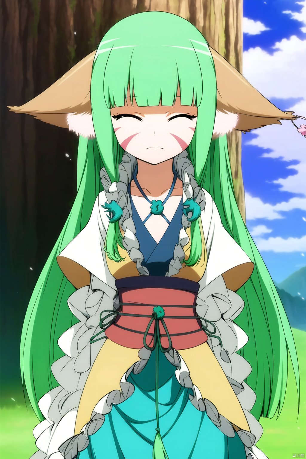  masterpiece,best quality,,,1girl,solo,animal ears,long hair,closed eyes,green hair,anime coloring,hair ornament,fox ears,facial mark,outdoors,tree,collarbone,bangs,subtitled,closed mouth,blunt bangs,parody,day,