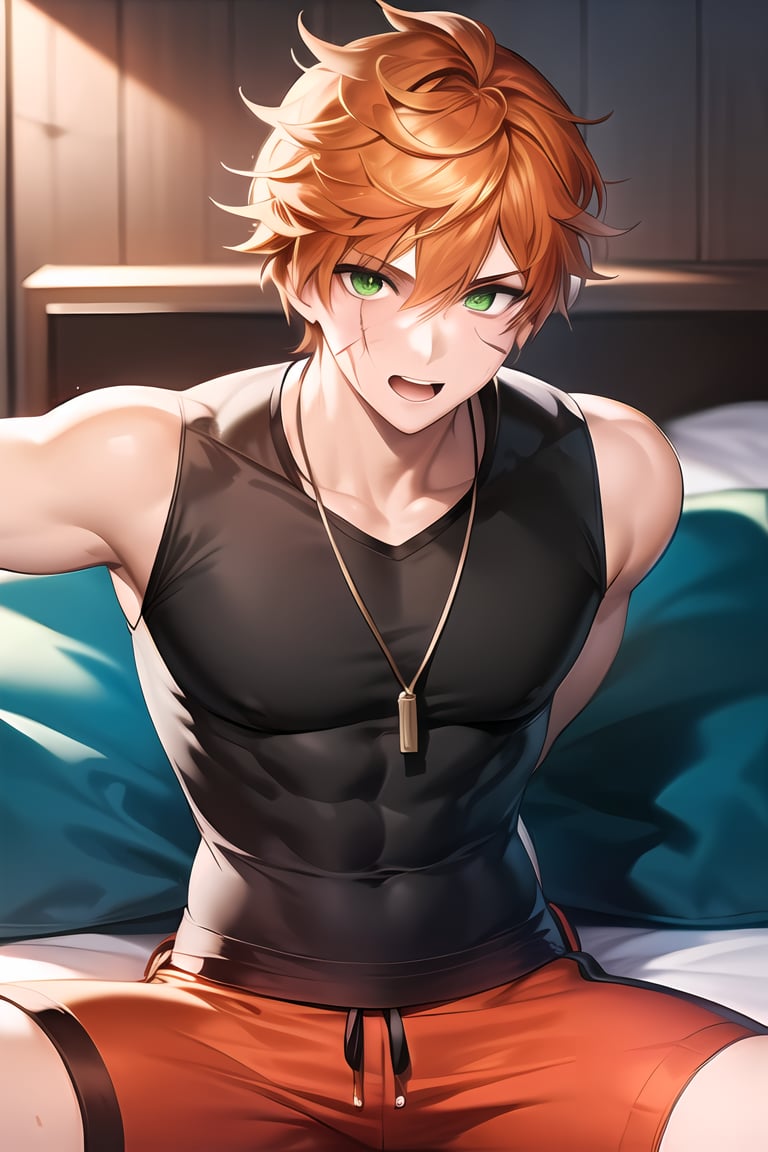 Looking at viewer, male_focus, upper_body, 1boy,
,Roi,Orange hair,Green eyes, scar on face, t-shirt,sleeveless, sitting on bed, 