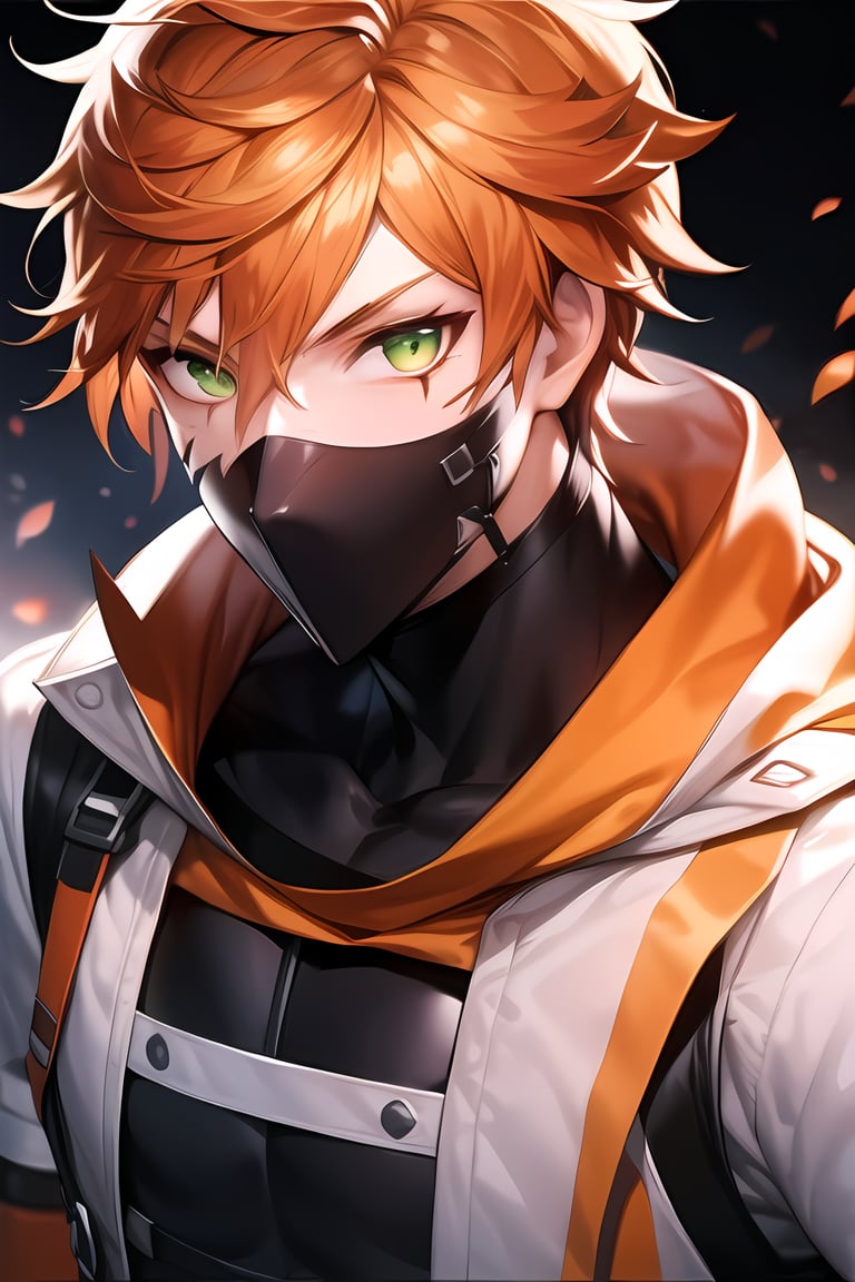 Looking at viewer, male_focus, upper_body, 1boy,
,Roi,Orange hair,Green eyes, scar on face,  close up, ninja, covered mouth, 